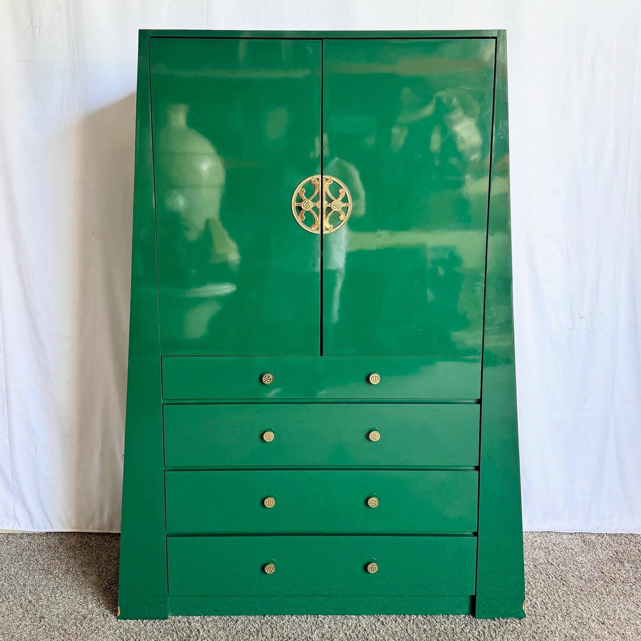 Postmodern Chinoiserie Green Lacquer Laminate Armoire With Brass Accents