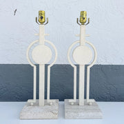 Mid Century Modern Sculptural Lamps on Travertine - A Pair Dolphin & Flamingo