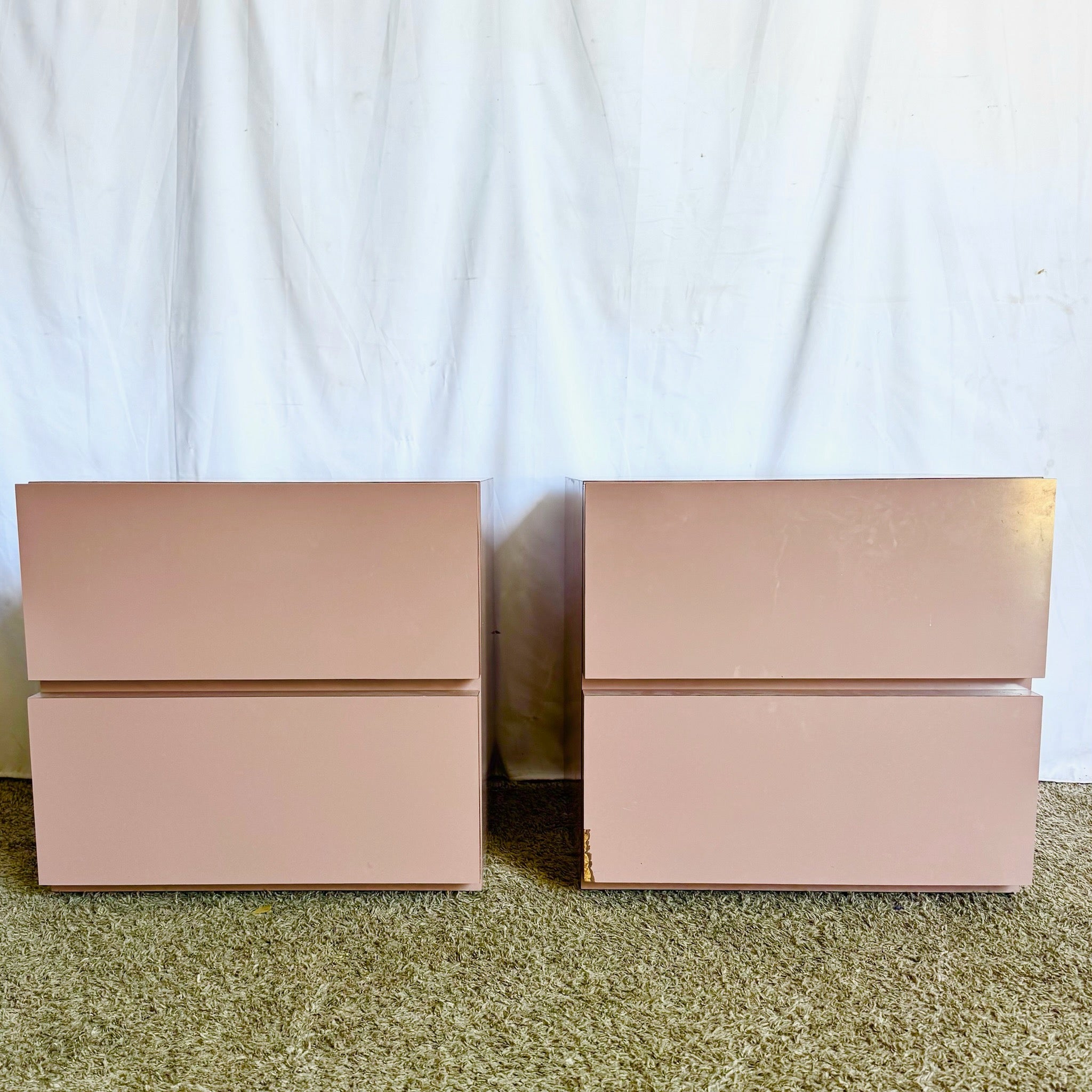 Postmodern Mauve Lacquer Laminate Block Nightstands/Side Tables - A Pair