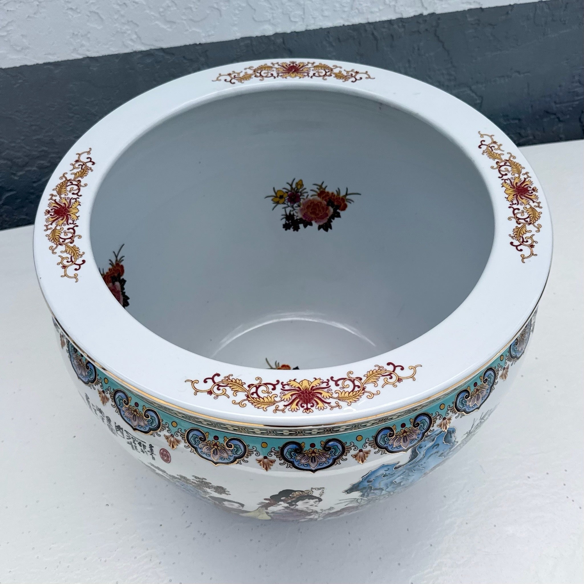 Vintage Chinese Hand Painted Porcelain Fish Bowl Vase Dolphin & Flamingo