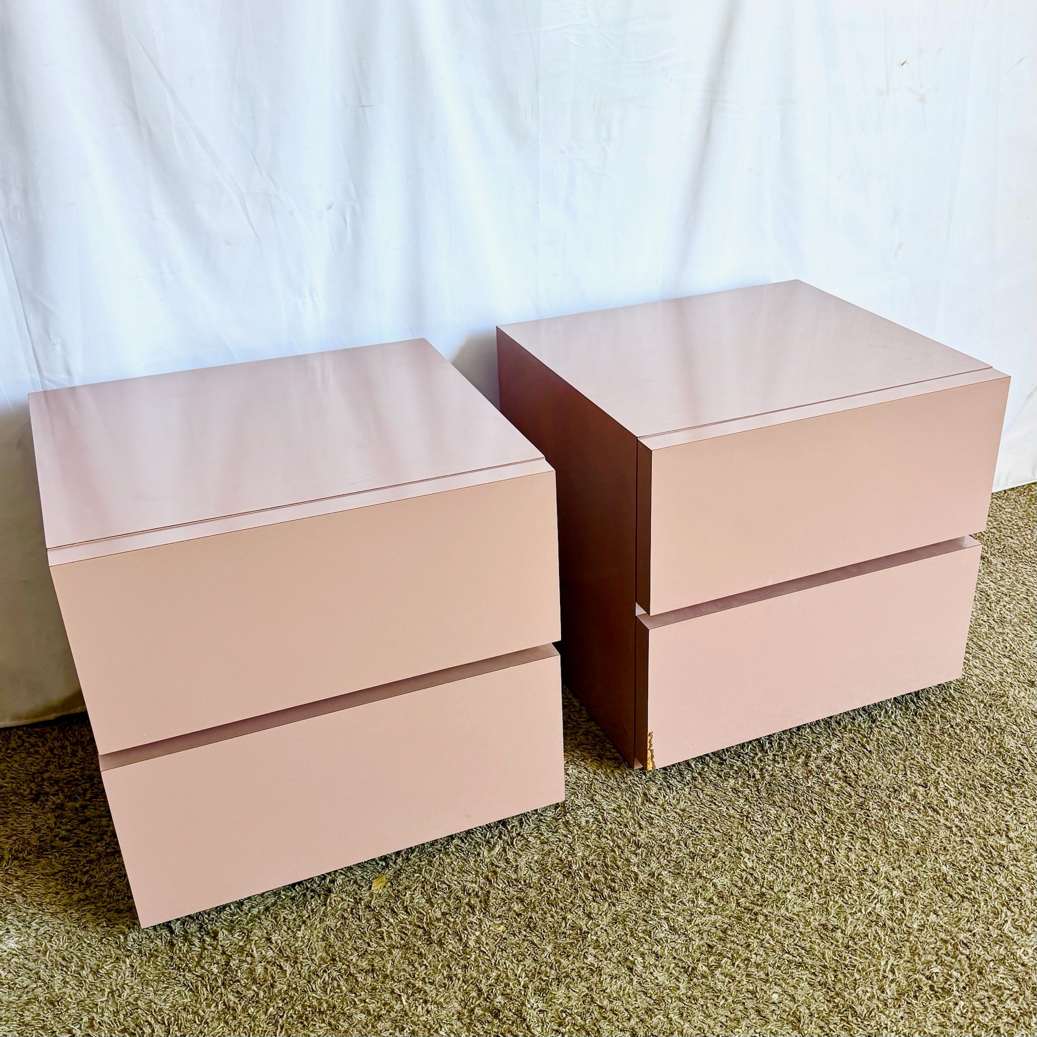 Postmodern Mauve Lacquer Laminate Block Nightstands/Side Tables - A Pair