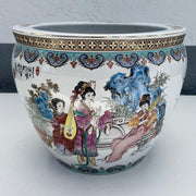 Vintage Chinese Hand Painted Porcelain Fish Bowl Vase Dolphin & Flamingo