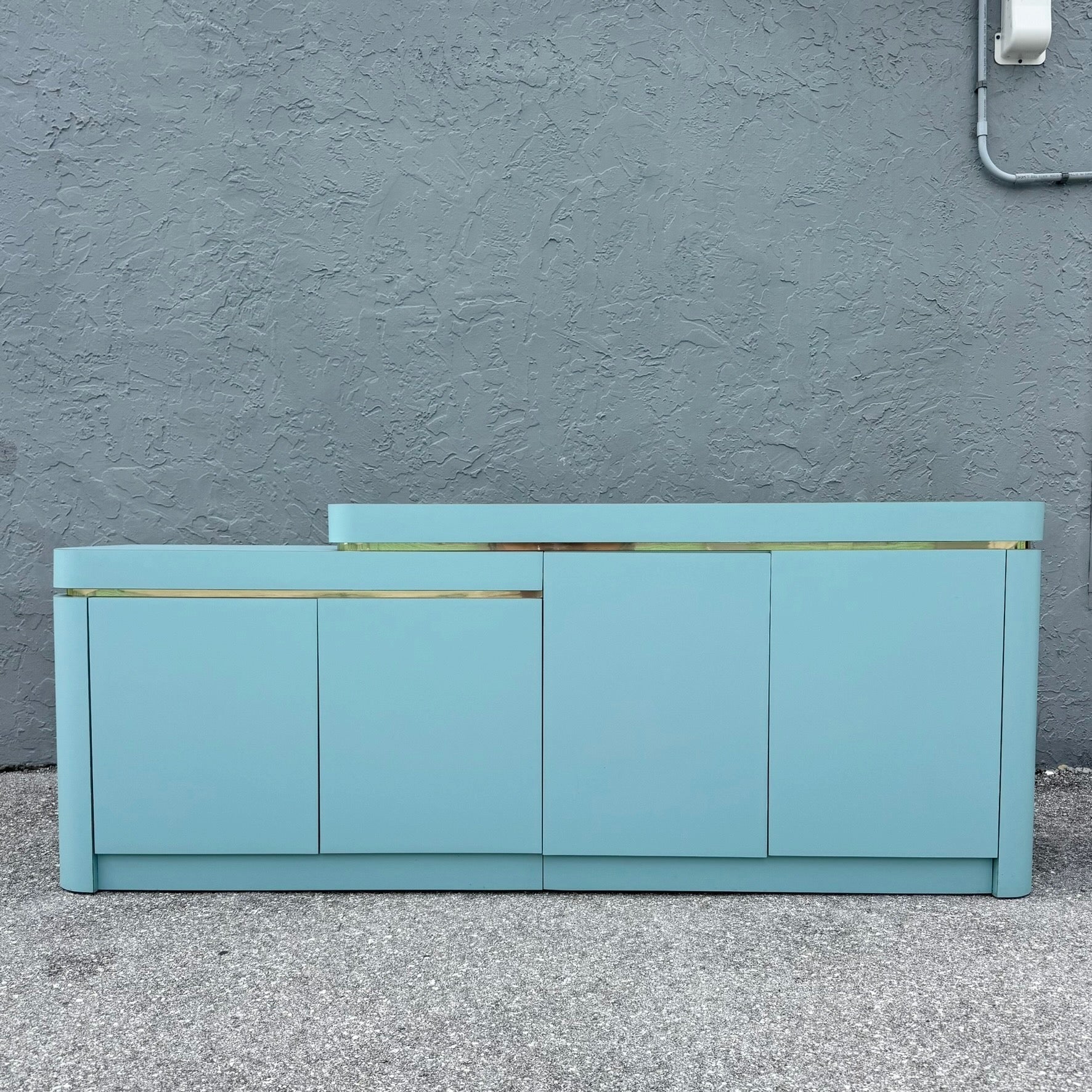 Postmodern Sky Blue Matte Laminate Credenza With Gold Accent Dolphin & Flamingo