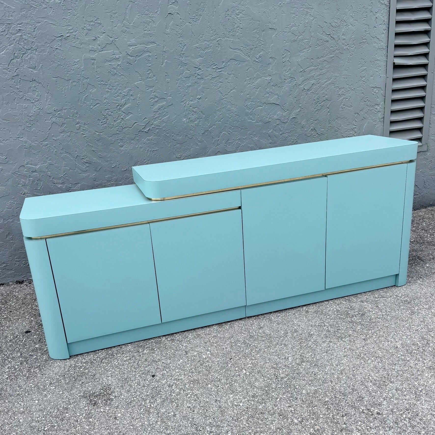 Postmodern Sky Blue Matte Laminate Credenza With Gold Accent Dolphin & Flamingo