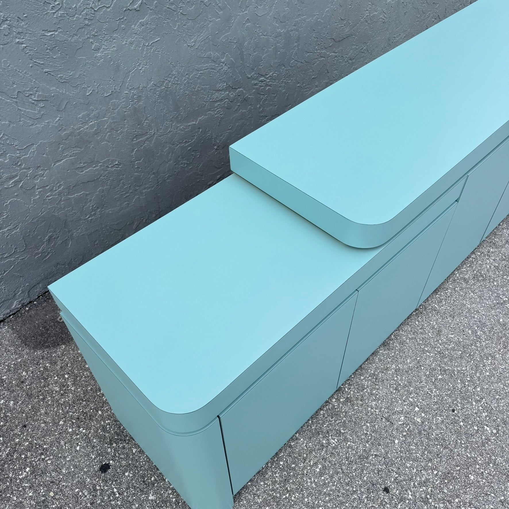 Postmodern Sky Blue Matte Laminate Credenza With Gold Accent Dolphin & Flamingo