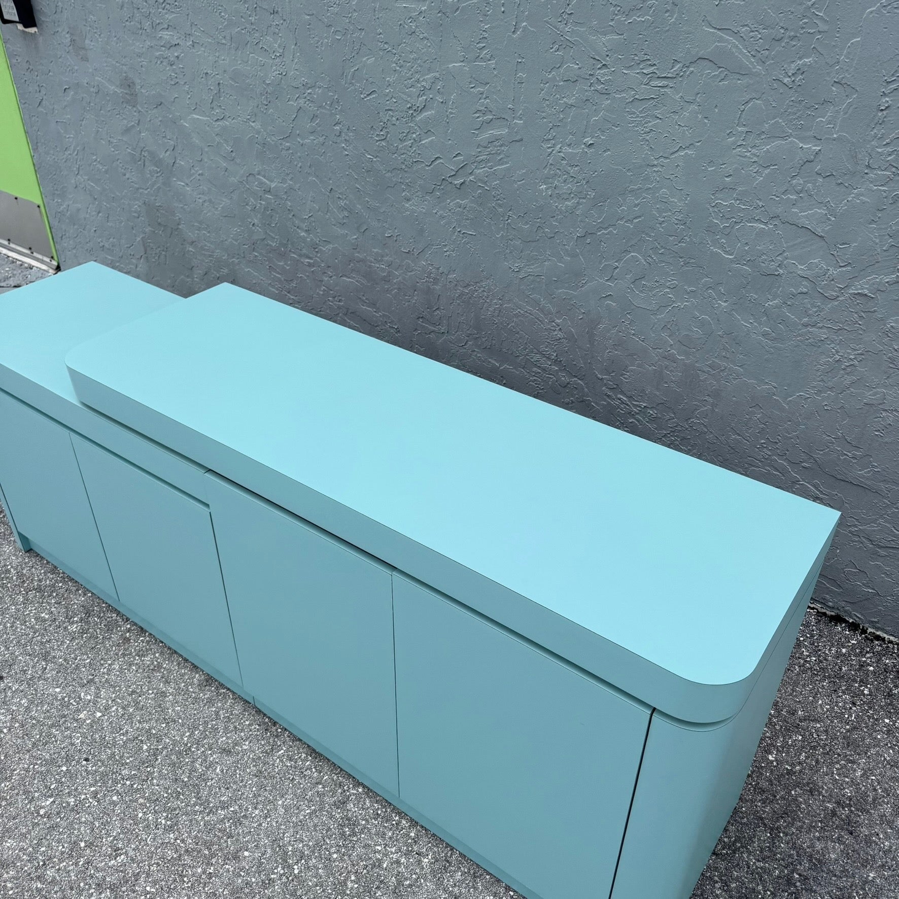 Postmodern Sky Blue Matte Laminate Credenza With Gold Accent Dolphin & Flamingo