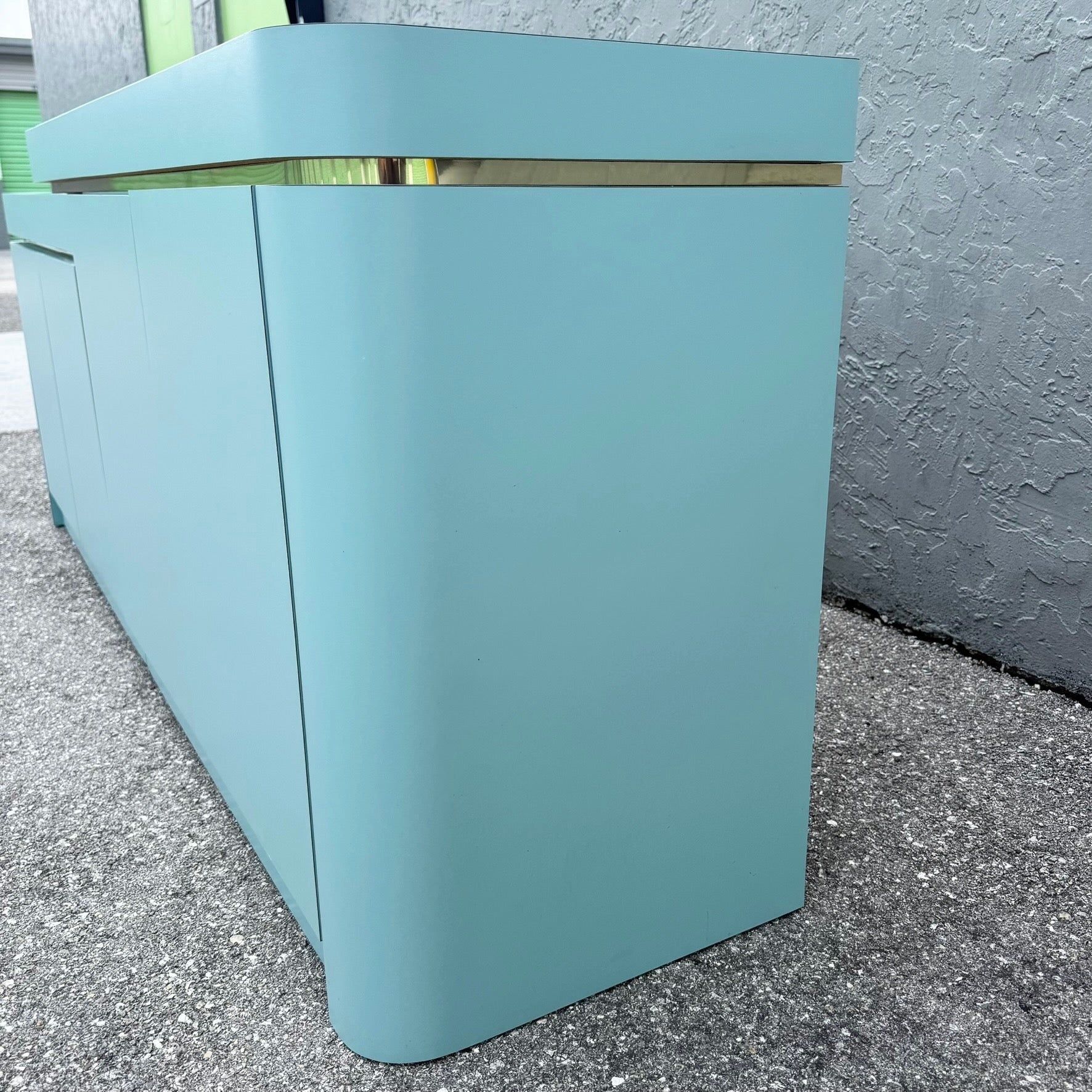 Postmodern Sky Blue Matte Laminate Credenza With Gold Accent Dolphin & Flamingo