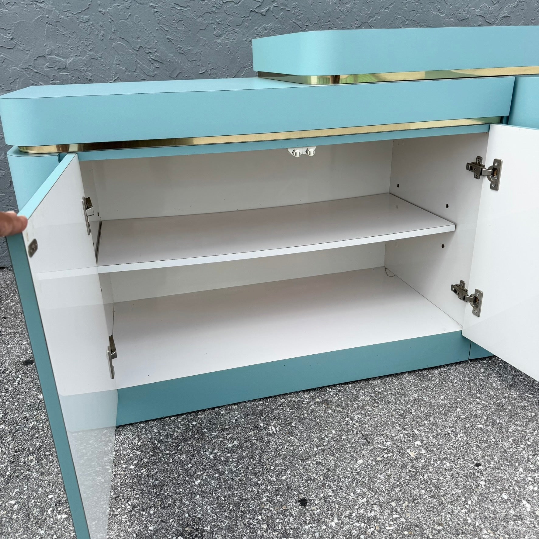 Postmodern Sky Blue Matte Laminate Credenza With Gold Accent Dolphin & Flamingo