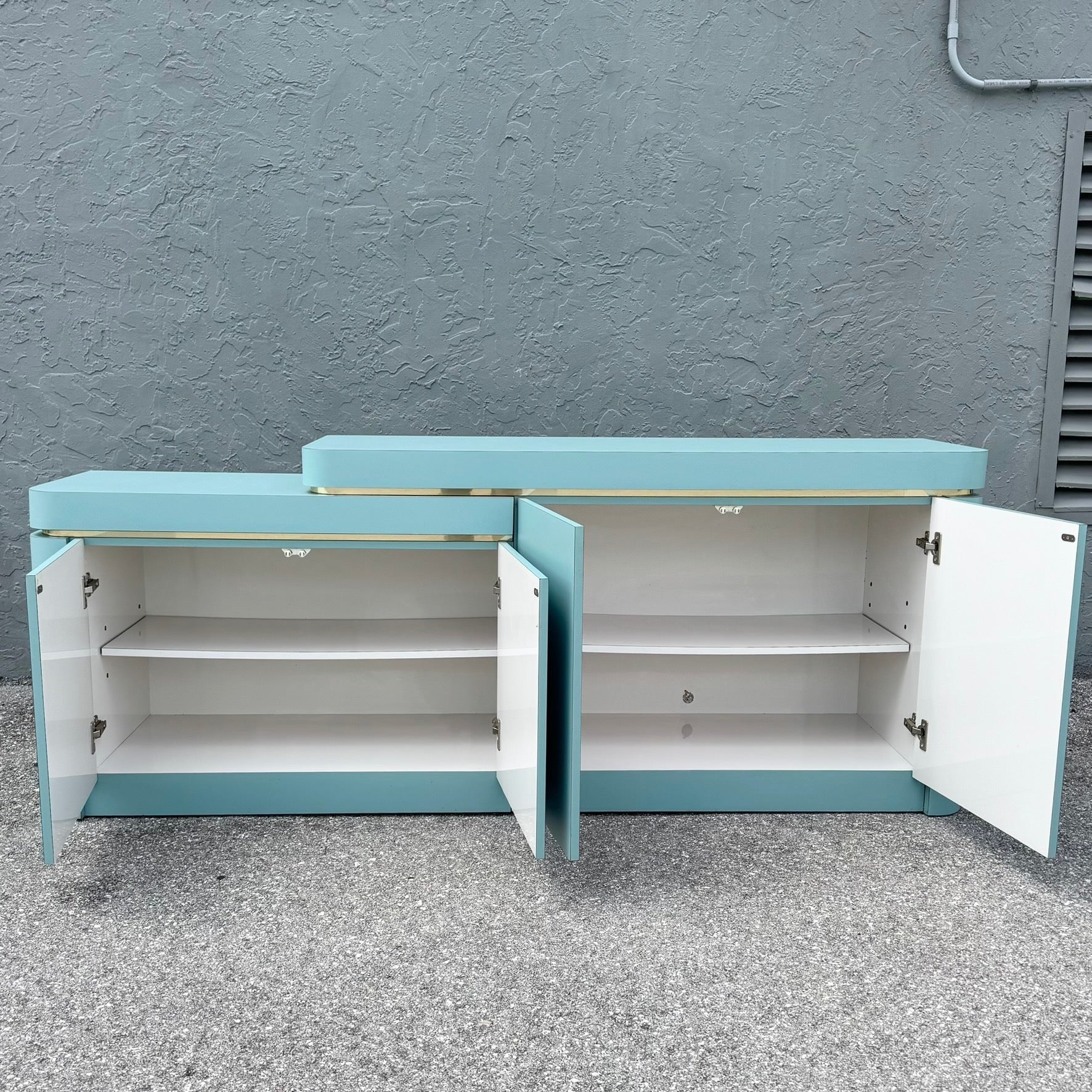 Postmodern Sky Blue Matte Laminate Credenza With Gold Accent Dolphin & Flamingo