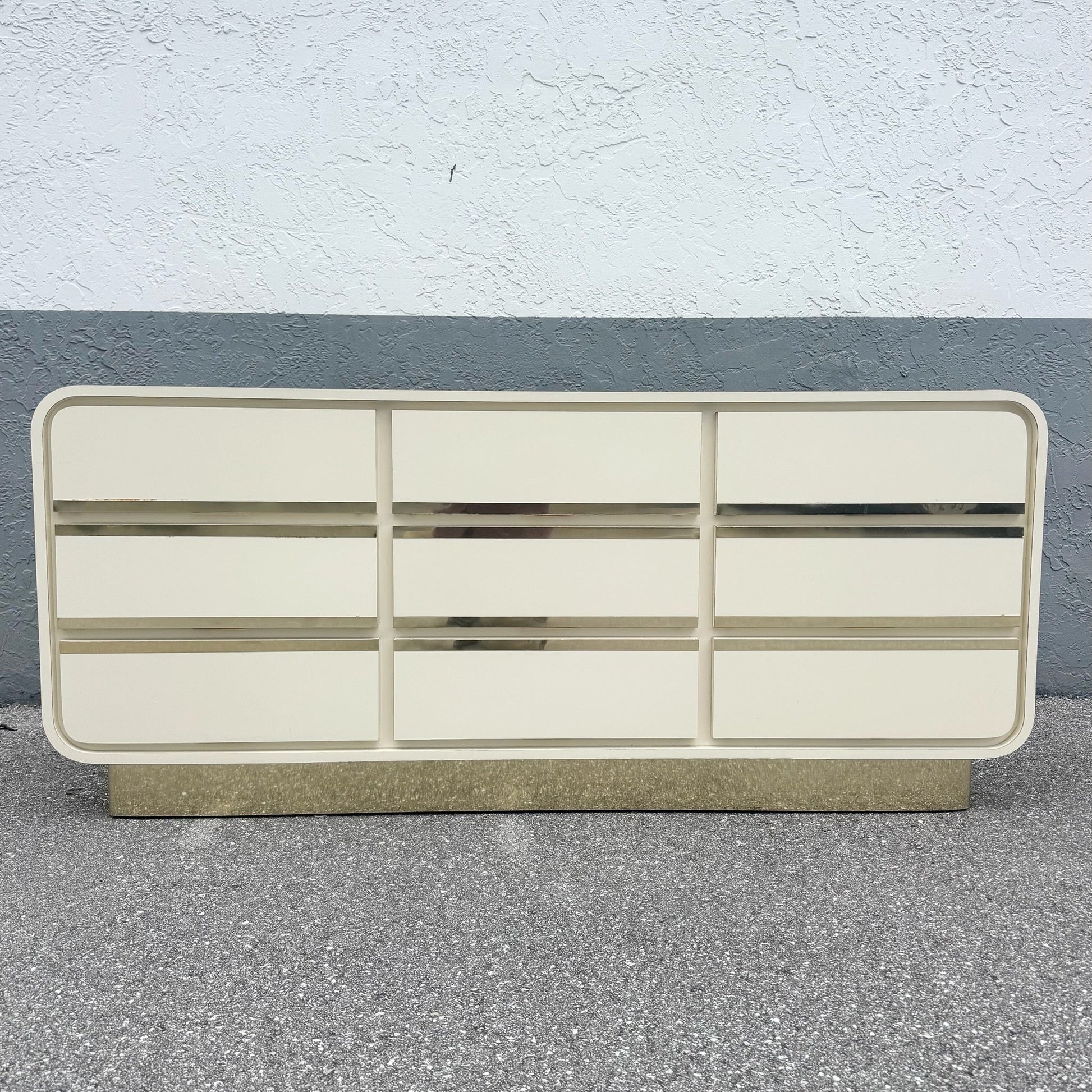 Postmodern Cream Gloss Laminate Waterfall Dresser With Gold Accents Dolphin & Flamingo