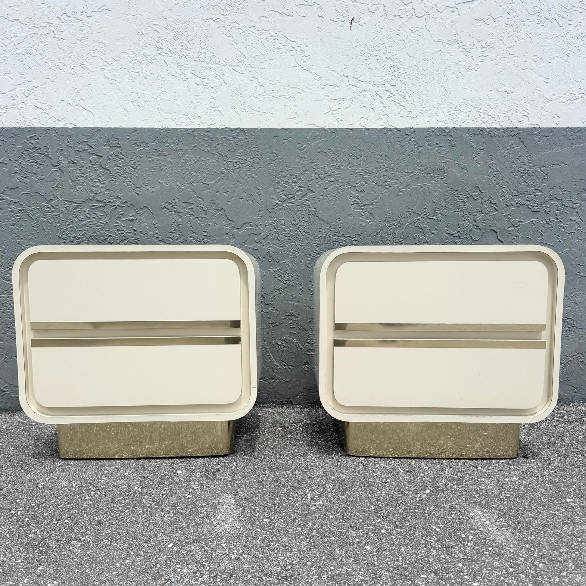 Postmodern Cream Gloss Laminate Waterfall Nightstands With Gold Accents - A Pair Dolphin & Flamingo