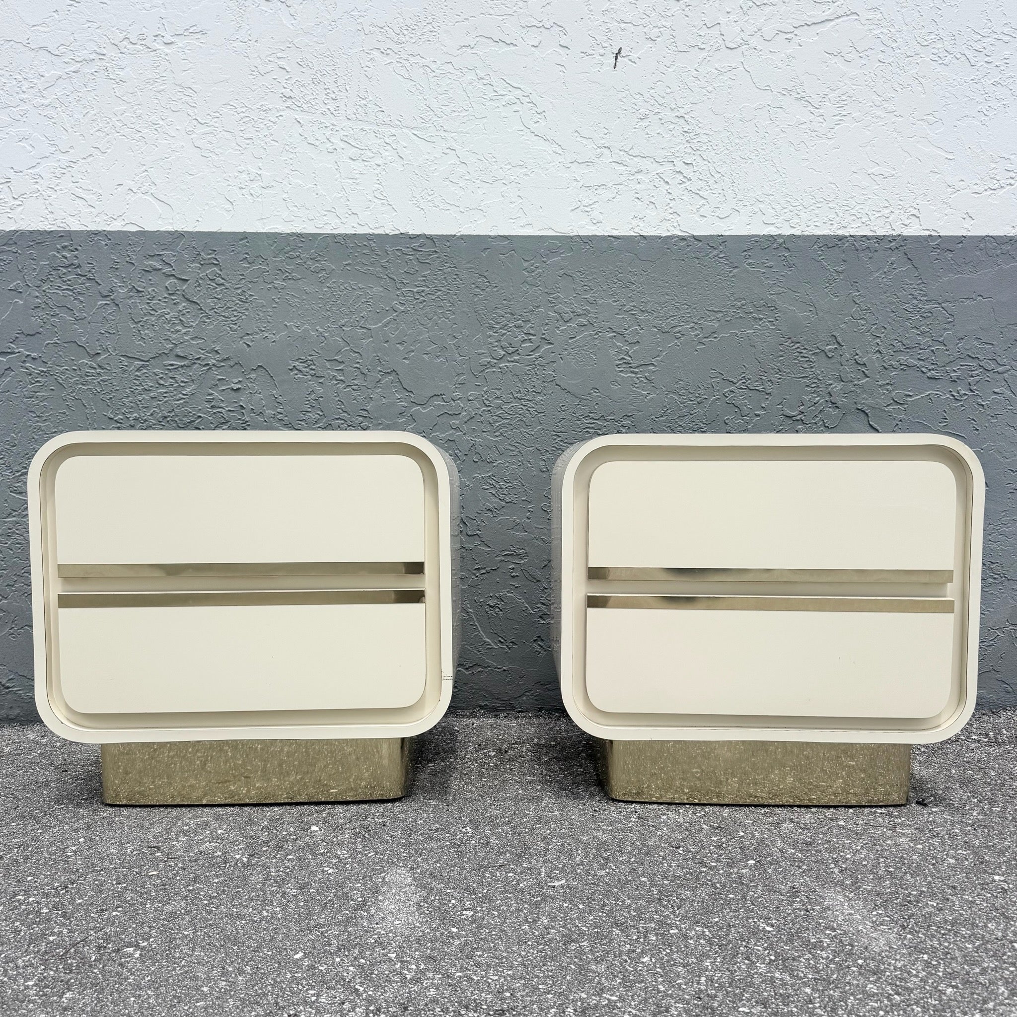 Postmodern Cream Gloss Laminate Waterfall Nightstands With Gold Accents - A Pair Dolphin & Flamingo