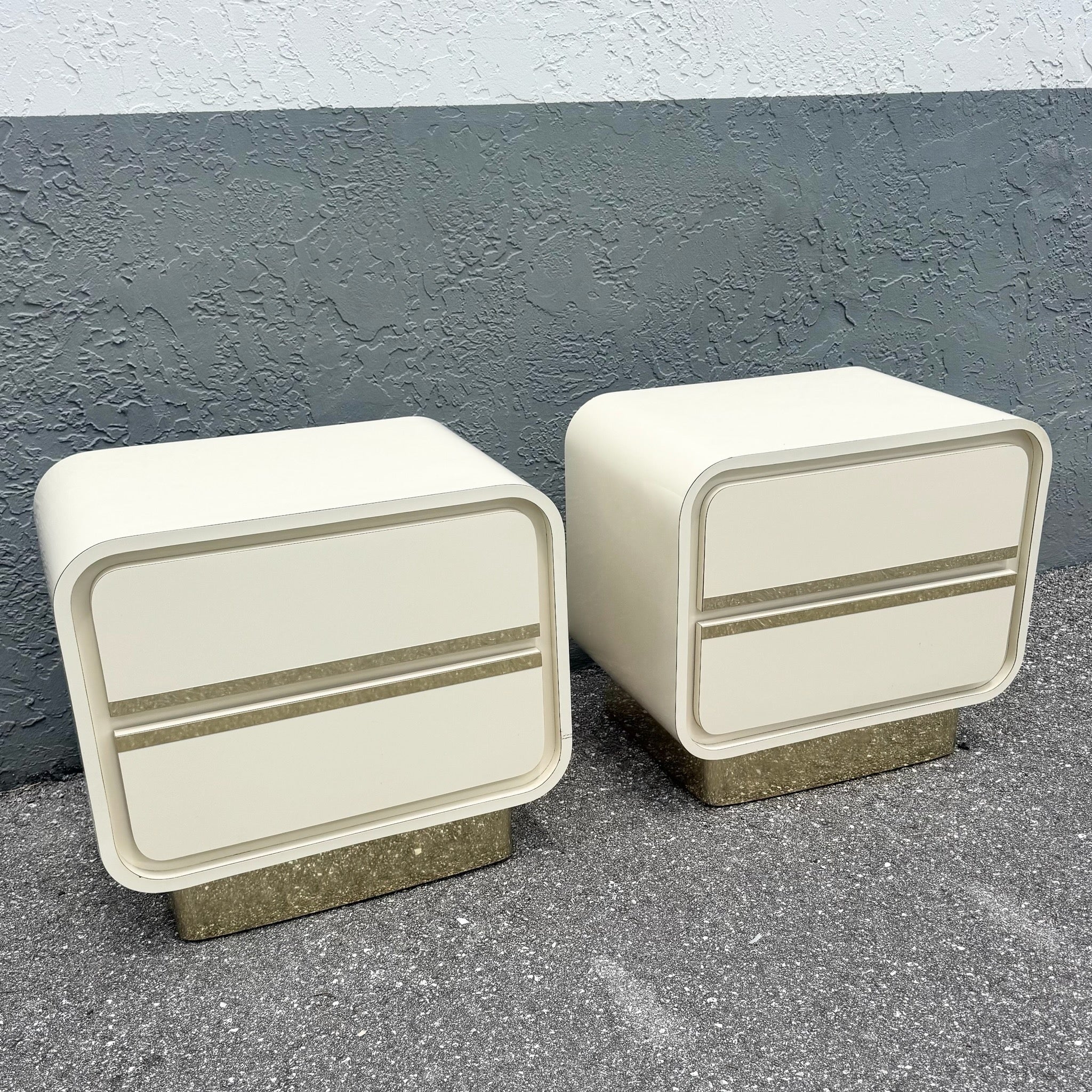Postmodern Cream Gloss Laminate Waterfall Nightstands With Gold Accents - A Pair Dolphin & Flamingo