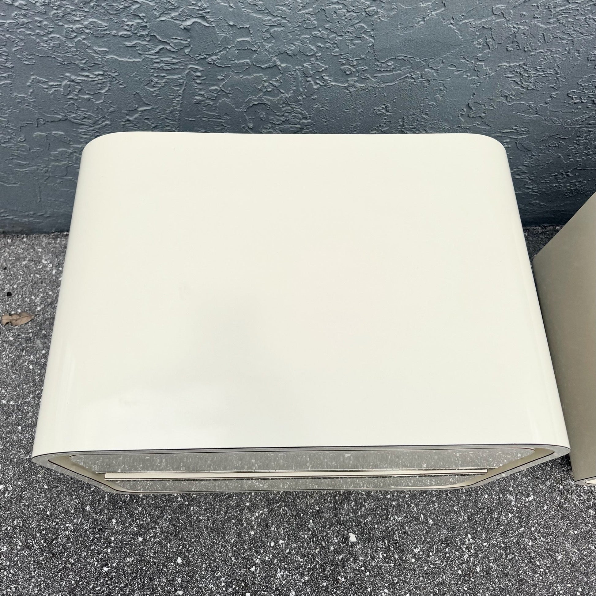 Postmodern Cream Gloss Laminate Waterfall Nightstands With Gold Accents - A Pair Dolphin & Flamingo