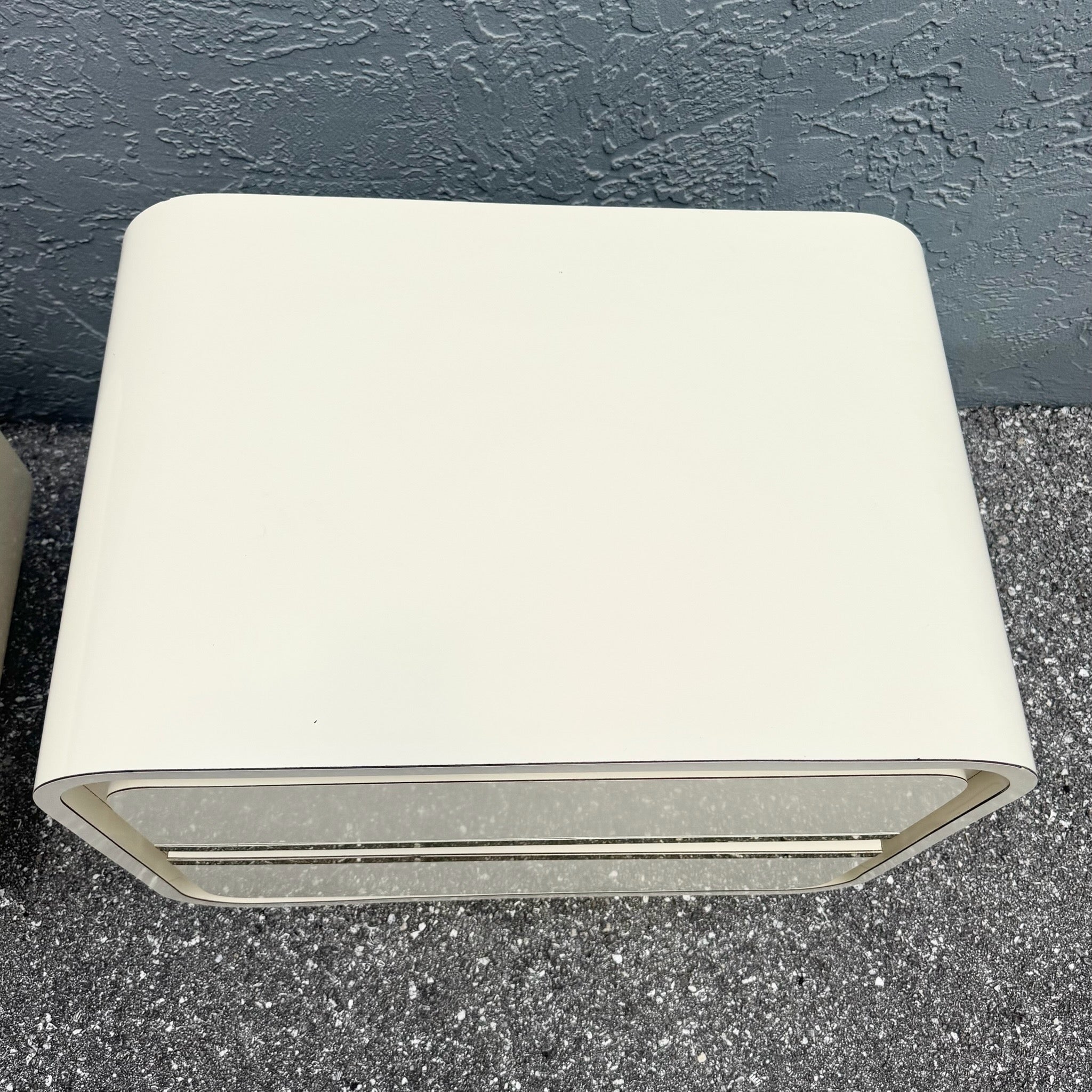 Postmodern Cream Gloss Laminate Waterfall Nightstands With Gold Accents - A Pair Dolphin & Flamingo