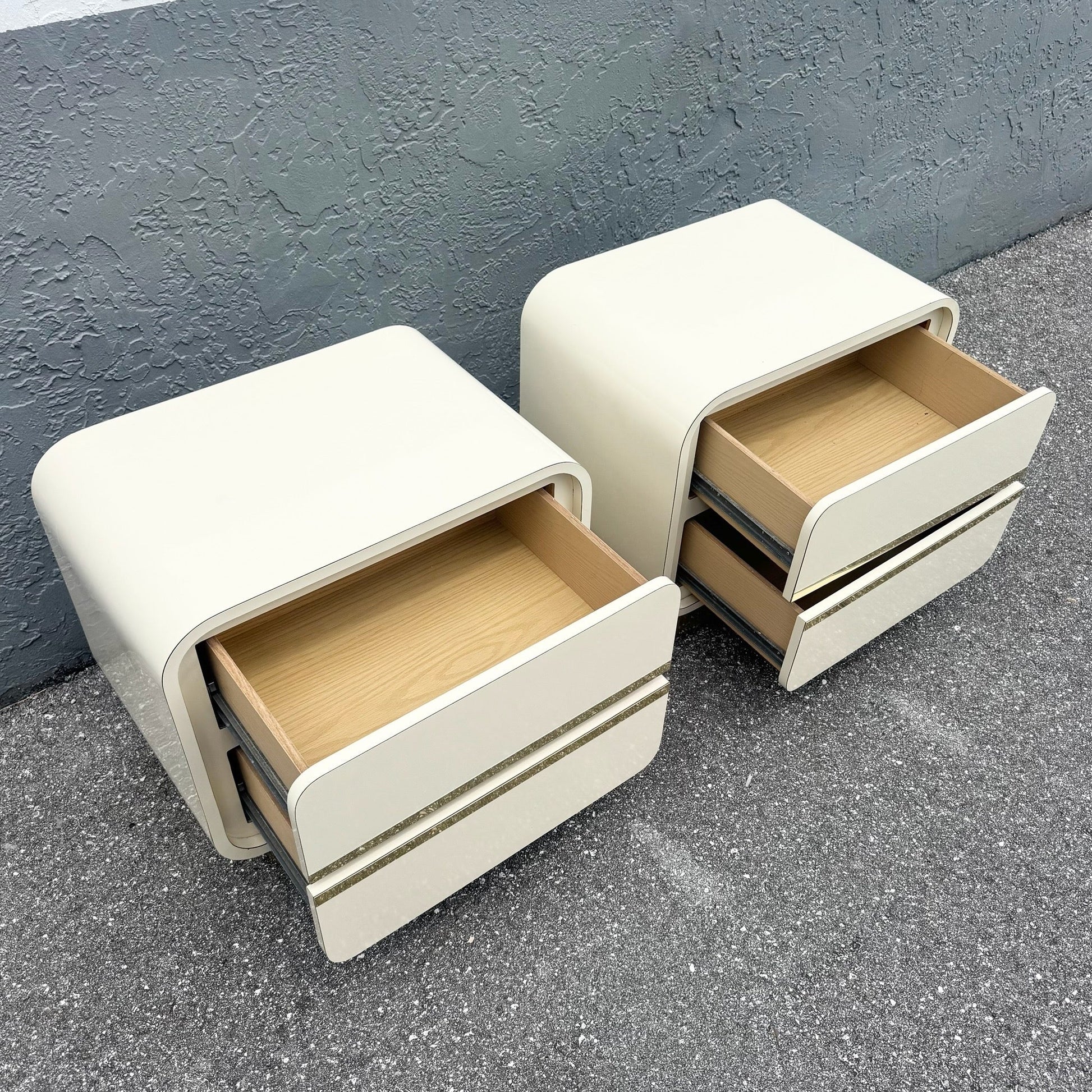 Postmodern Cream Gloss Laminate Waterfall Nightstands With Gold Accents - A Pair Dolphin & Flamingo