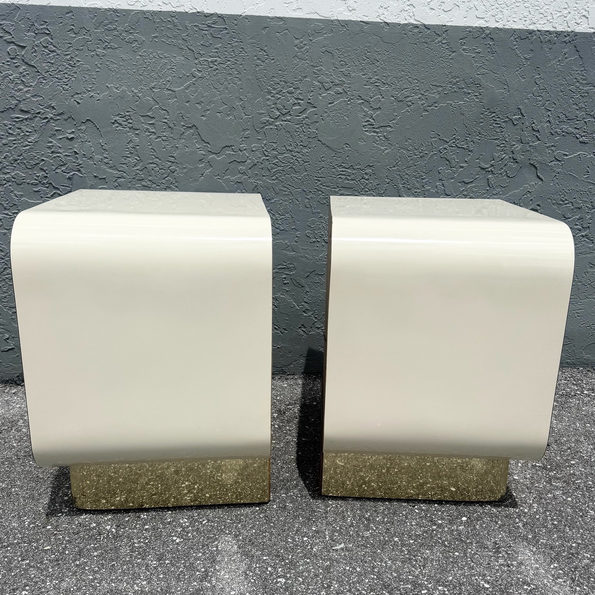Postmodern Cream Gloss Laminate Waterfall Nightstands With Gold Accents - A Pair Dolphin & Flamingo