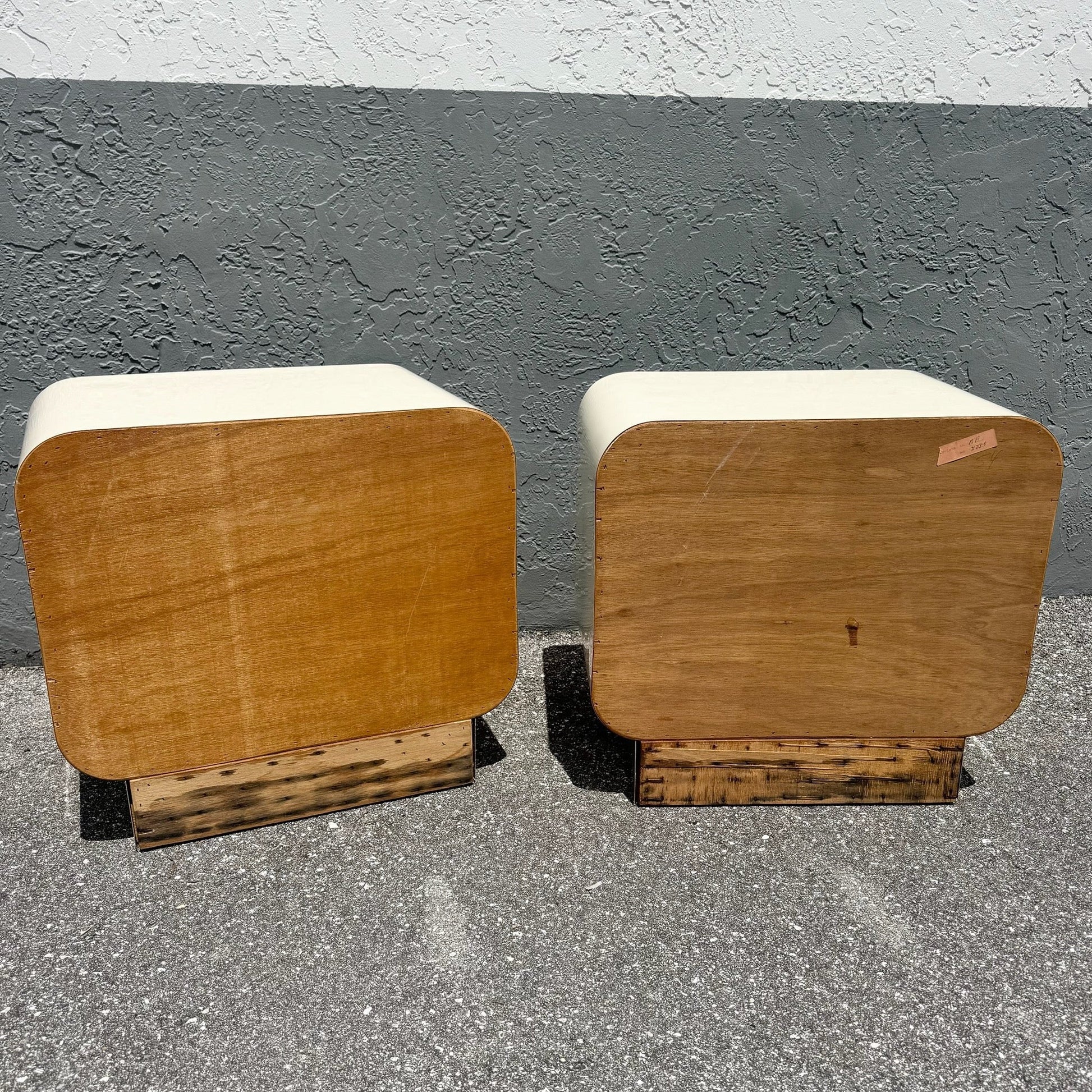 Postmodern Cream Gloss Laminate Waterfall Nightstands With Gold Accents - A Pair Dolphin & Flamingo