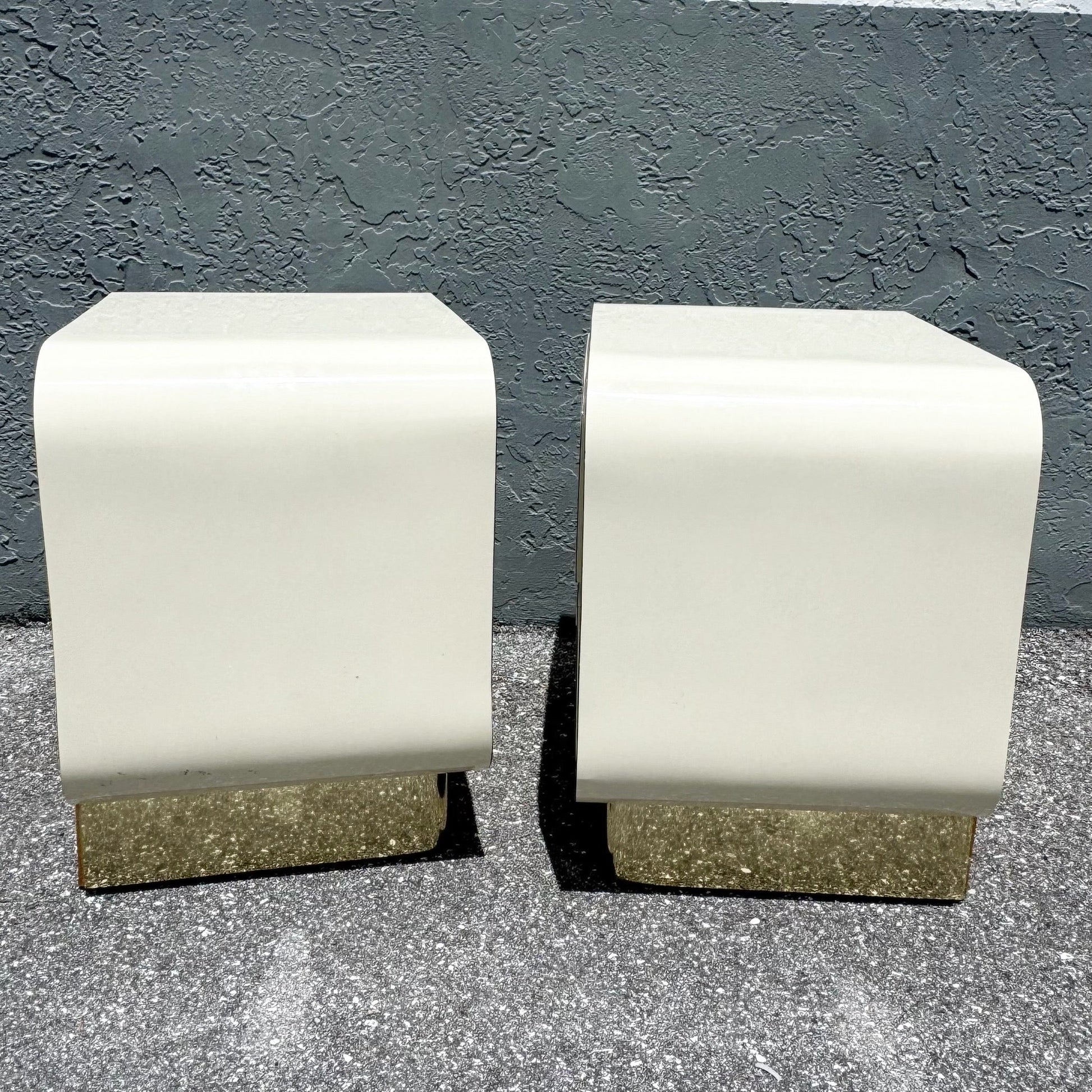 Postmodern Cream Gloss Laminate Waterfall Nightstands With Gold Accents - A Pair Dolphin & Flamingo