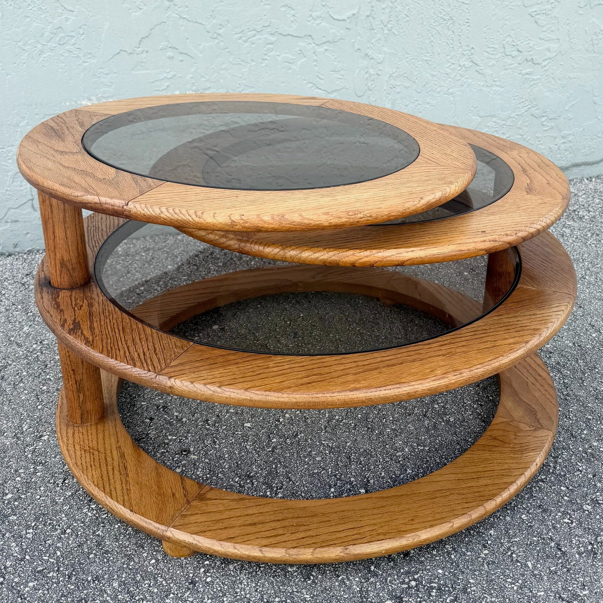 Mid Century Modern Three Tier Oak and Smoked Glass Swivel Coffee Table Dolphin & Flamingo