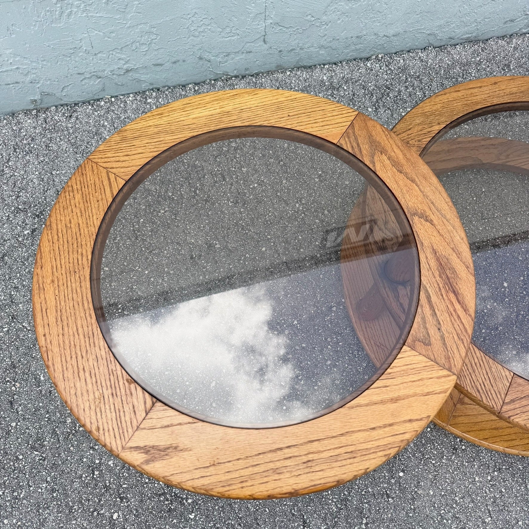 Mid Century Modern Three Tier Oak and Smoked Glass Swivel Coffee Table Dolphin & Flamingo