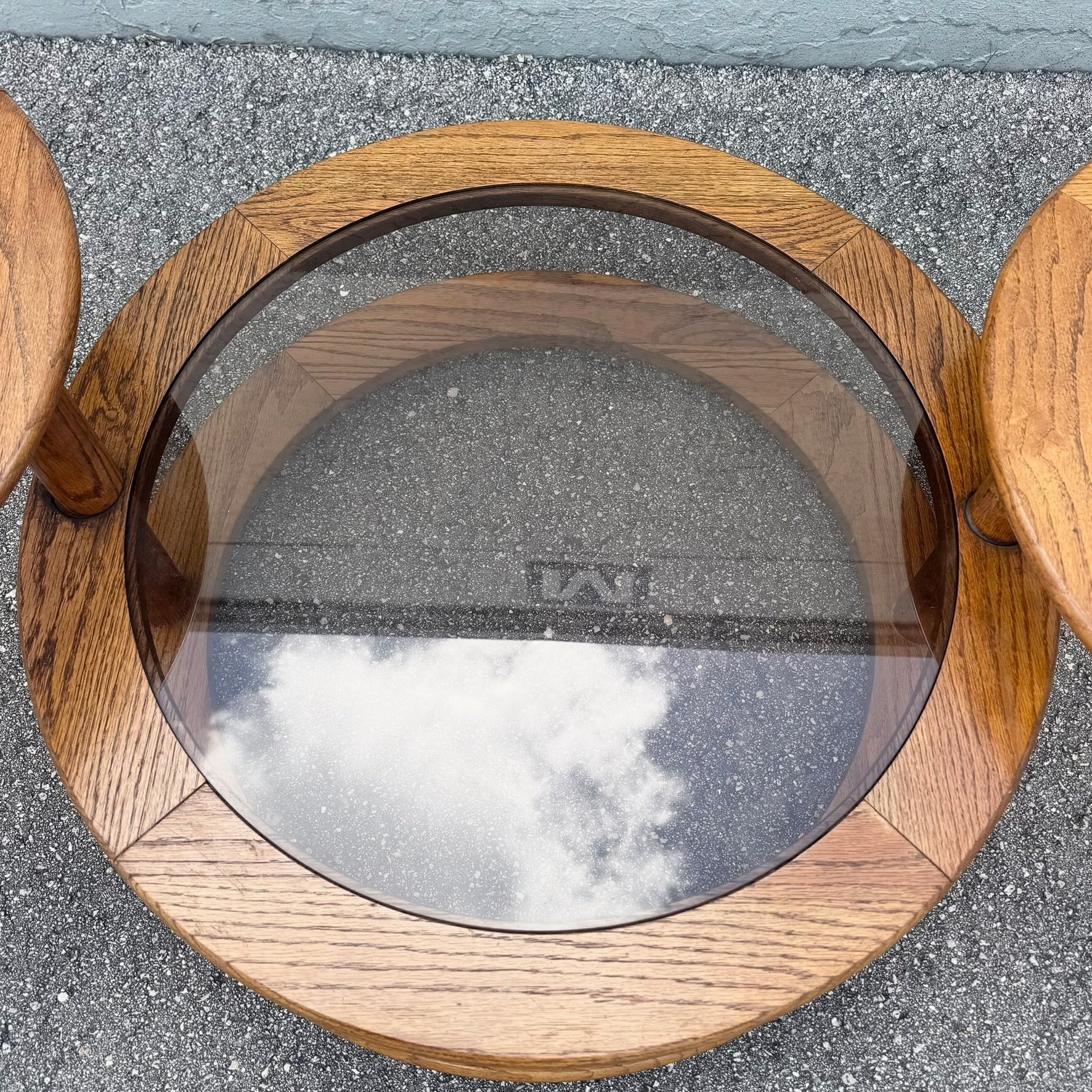 Mid Century Modern Three Tier Oak and Smoked Glass Swivel Coffee Table Dolphin & Flamingo