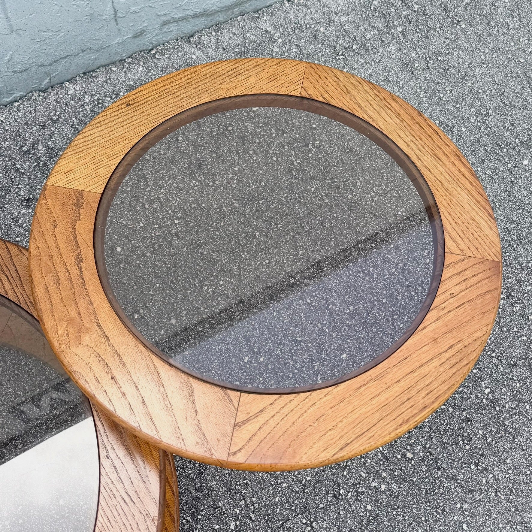 Mid Century Modern Three Tier Oak and Smoked Glass Swivel Coffee Table Dolphin & Flamingo