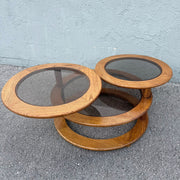 Mid Century Modern Three Tier Oak and Smoked Glass Swivel Coffee Table Dolphin & Flamingo
