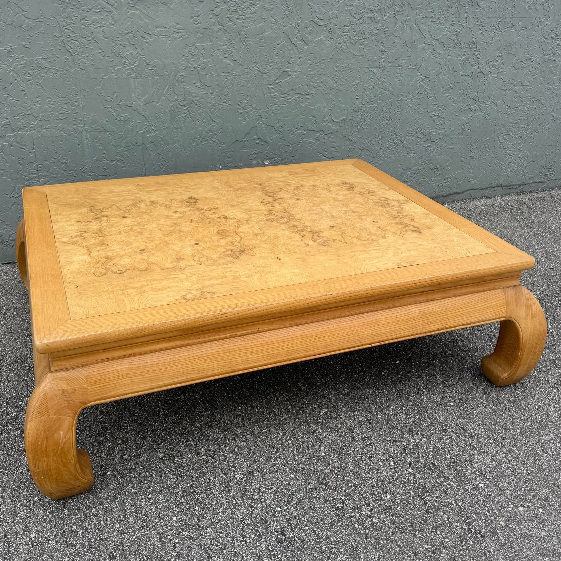 Ming Style Blonde Burlwood Scene Two Coffee Table by Henredon Dolphin & Flamingo