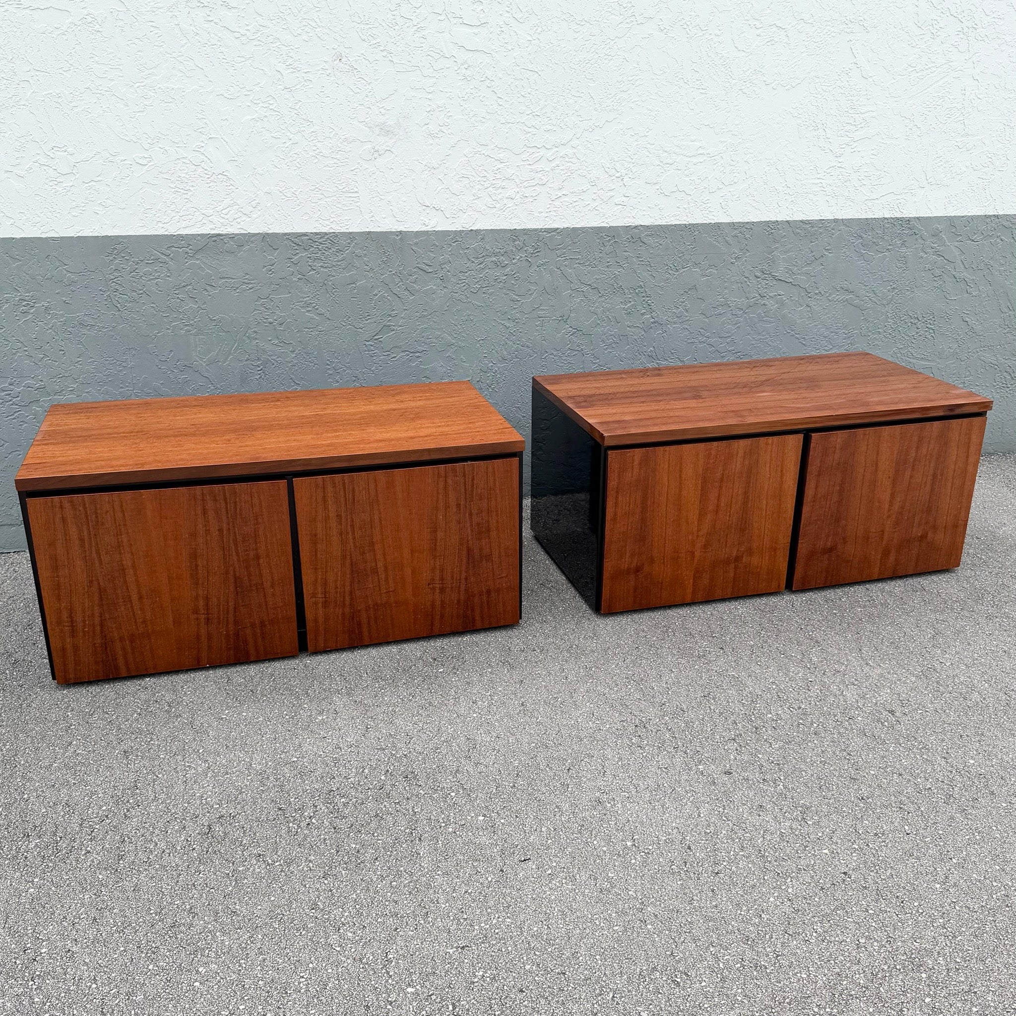 Vintage “Elan” Black Lacquered Koa Wood Cabinets by Henredon - A Pair Dolphin & Flamingo