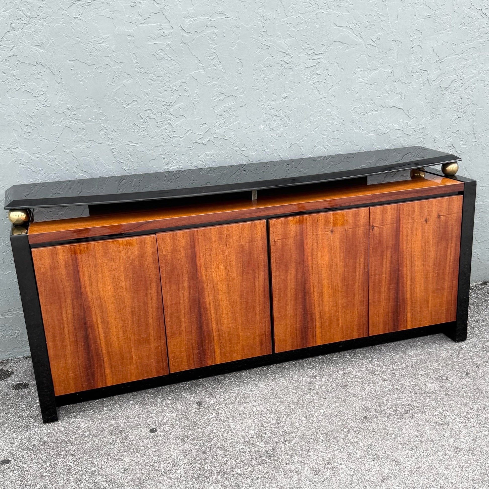 Vintage “Elan” Black Lacquered Koa Wood Credenza by Henredon Dolphin & Flamingo