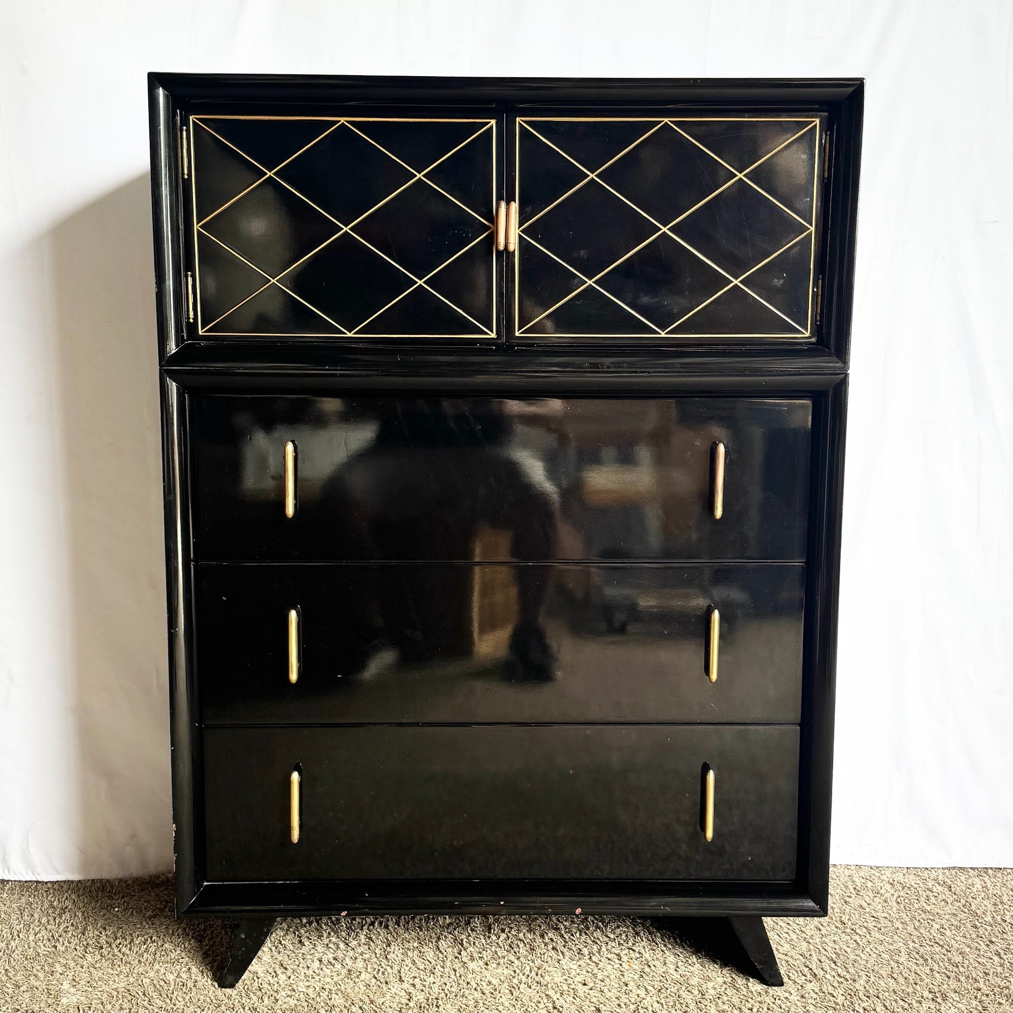 Art Deco Black Lacquered and Gold Highboy Dresser With Brass Hardware