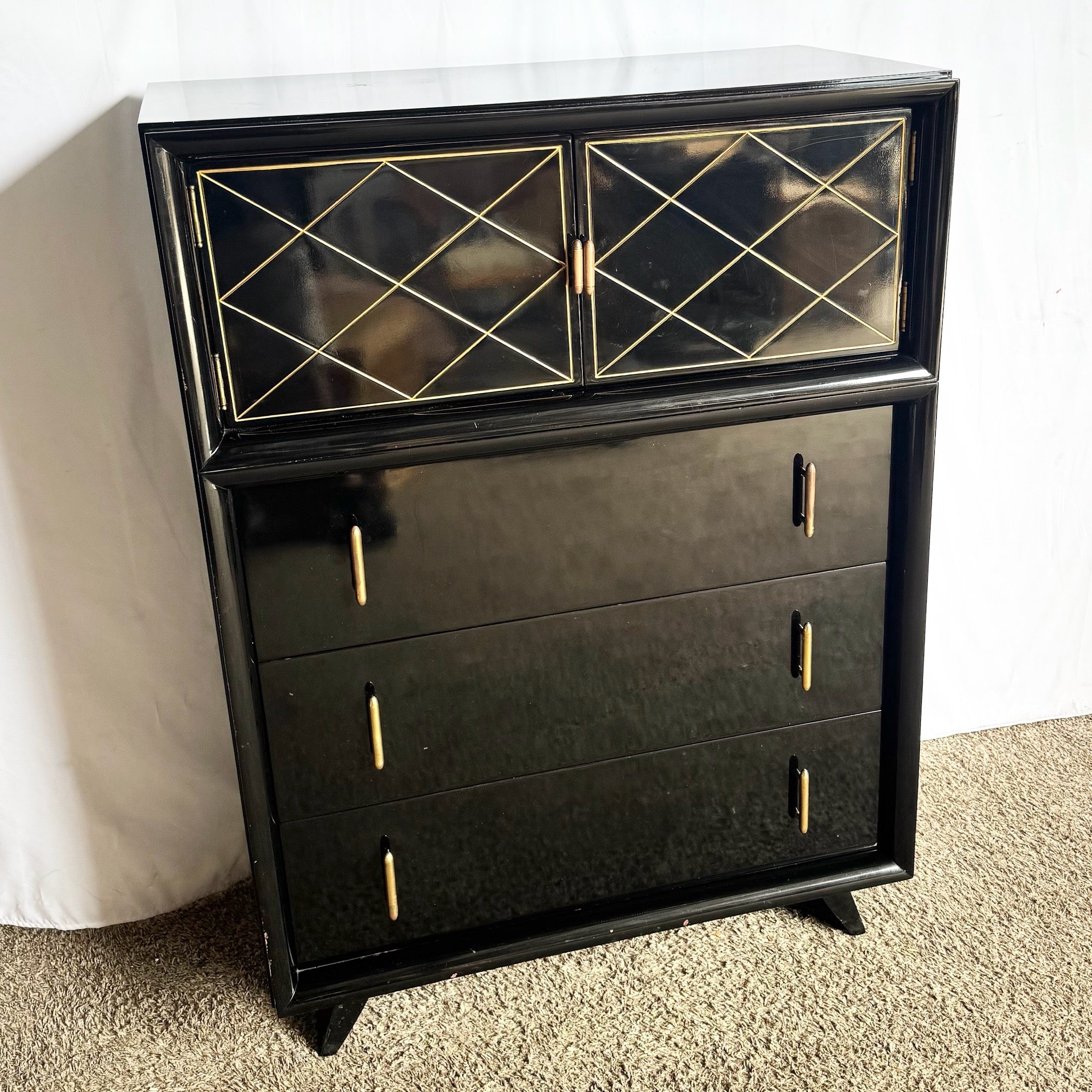 Art Deco Black Lacquered and Gold Highboy Dresser With Brass Hardware