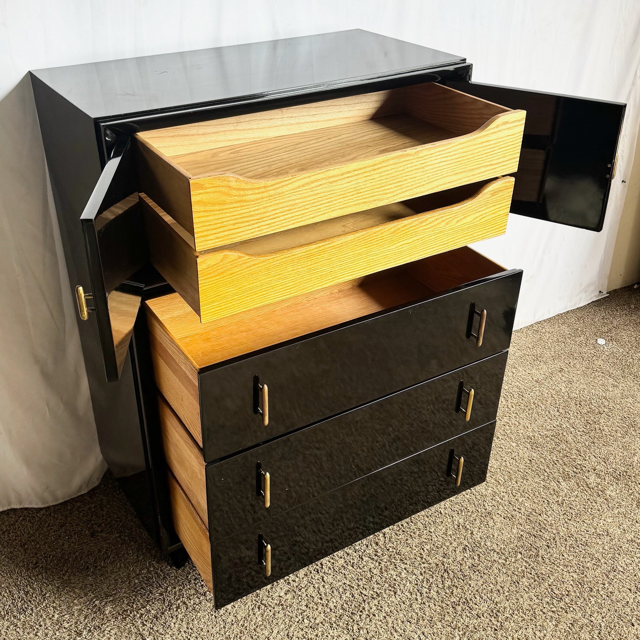 Art Deco Black Lacquered and Gold Highboy Dresser With Brass Hardware