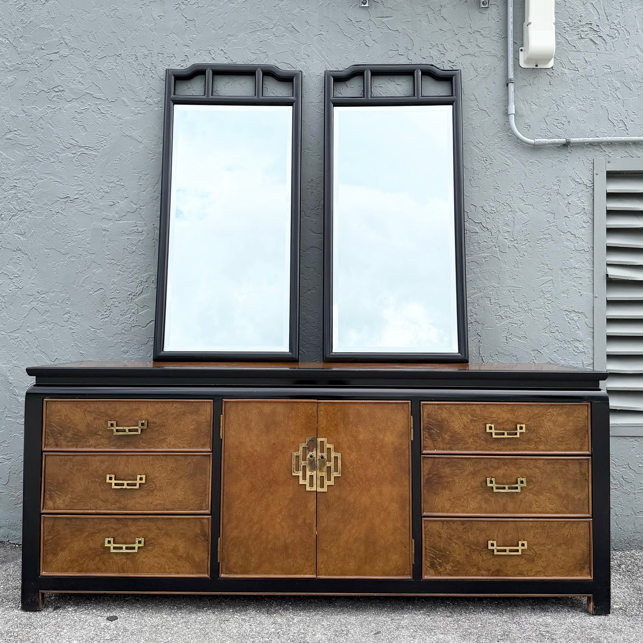 Vintage Chinoiserie Burlwood and Black Dresser by Centruy Dolphin & Flamingo