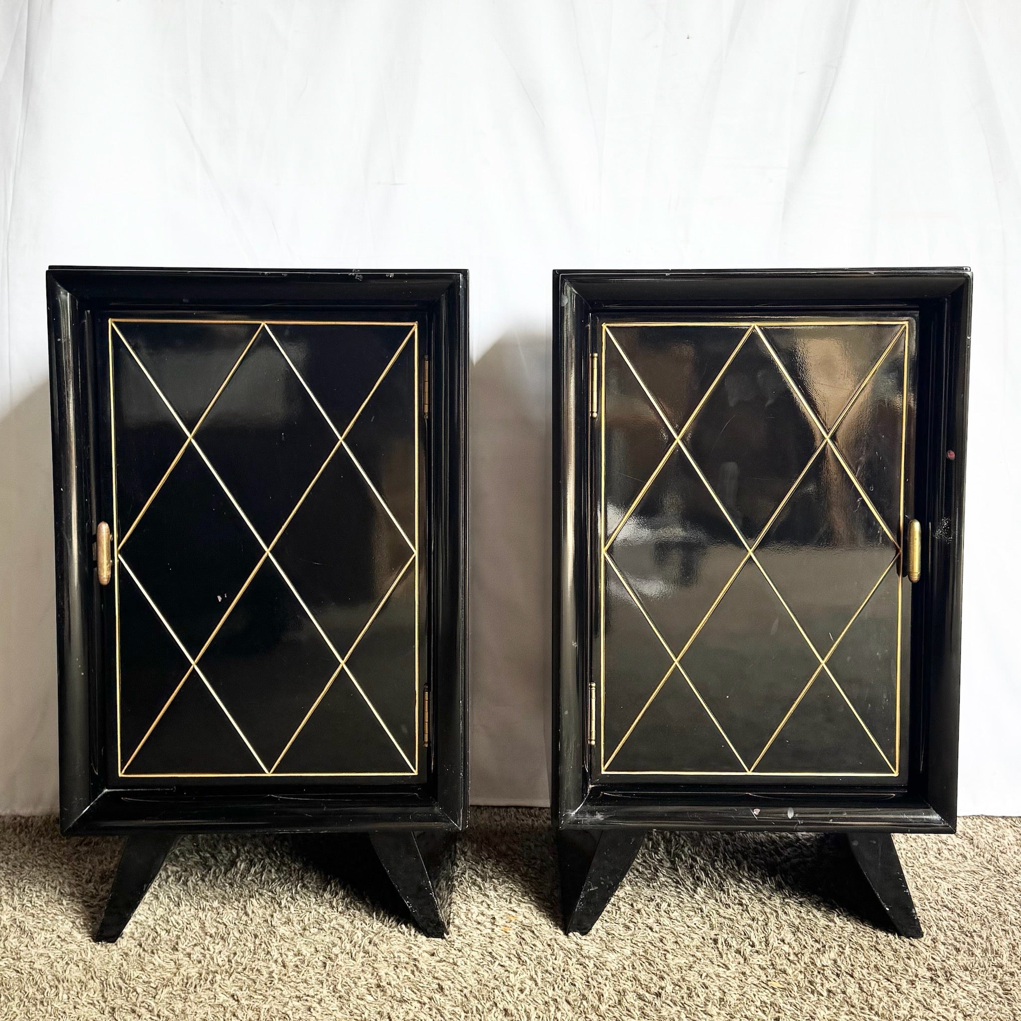 Art Deco Black Lacquered and Gold Nighstands With Brass Hardware - A Pair
