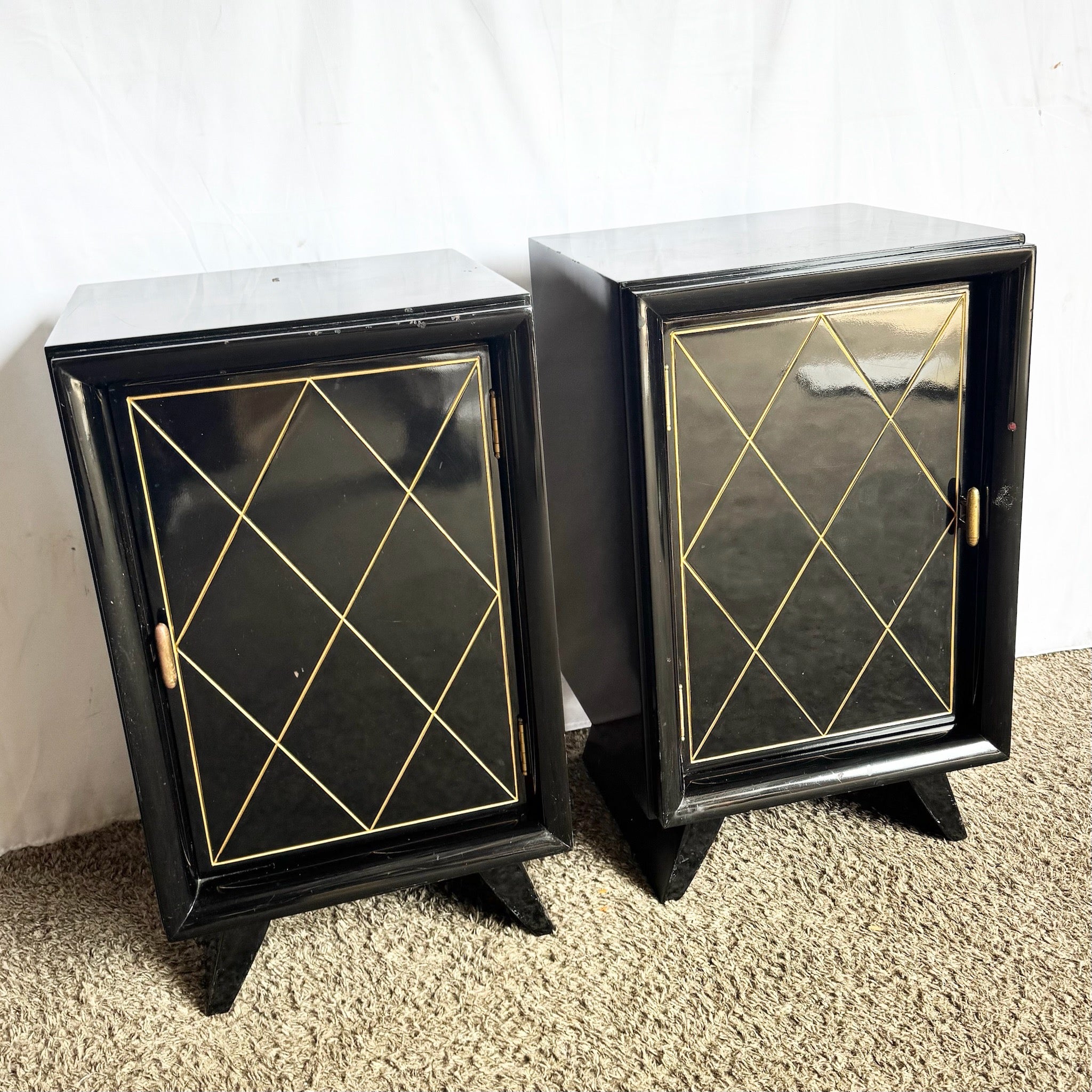 Art Deco Black Lacquered and Gold Nighstands With Brass Hardware - A Pair