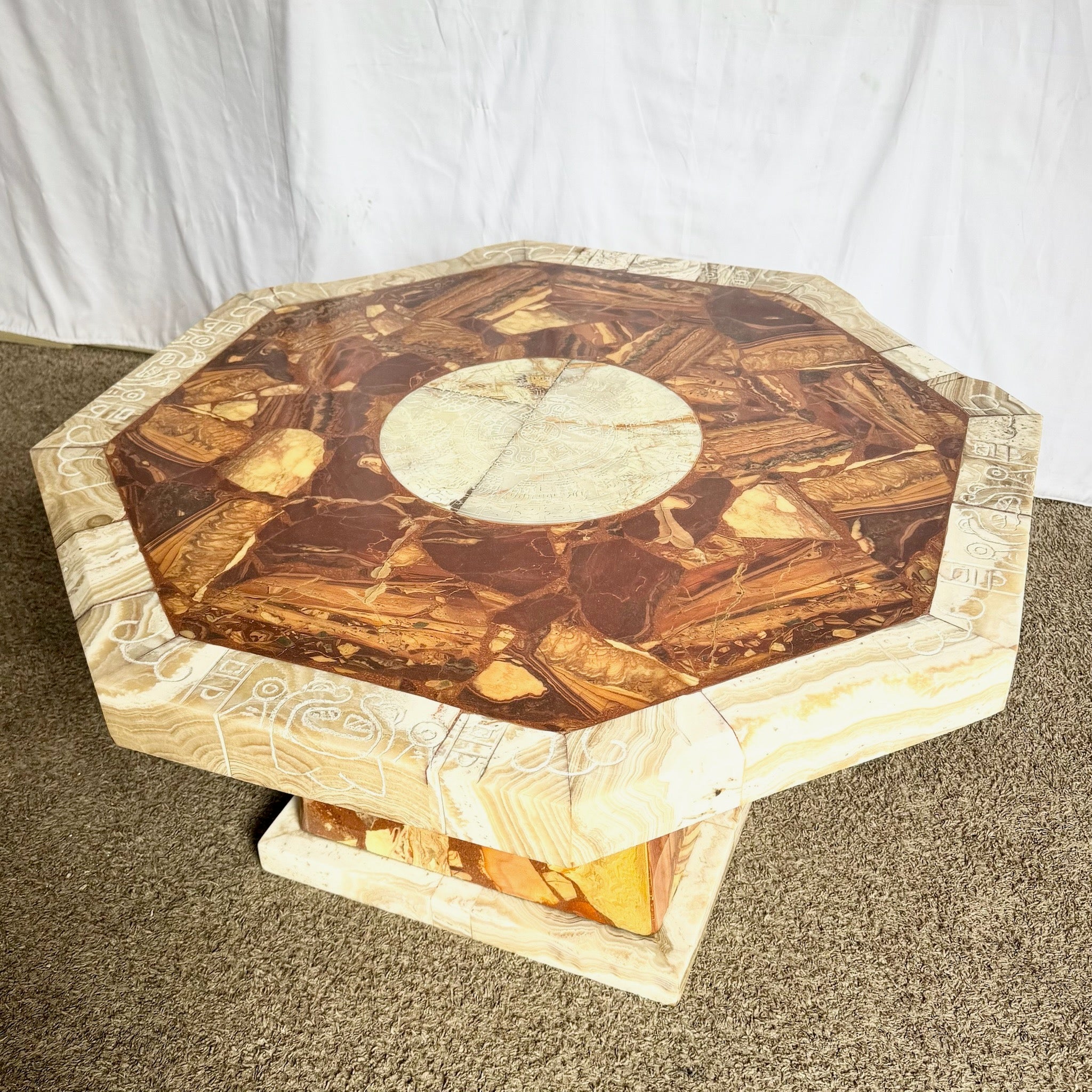 Mexican “Aztec” Hand Carved Green and Brown Onyx Octagonal Coffee Table