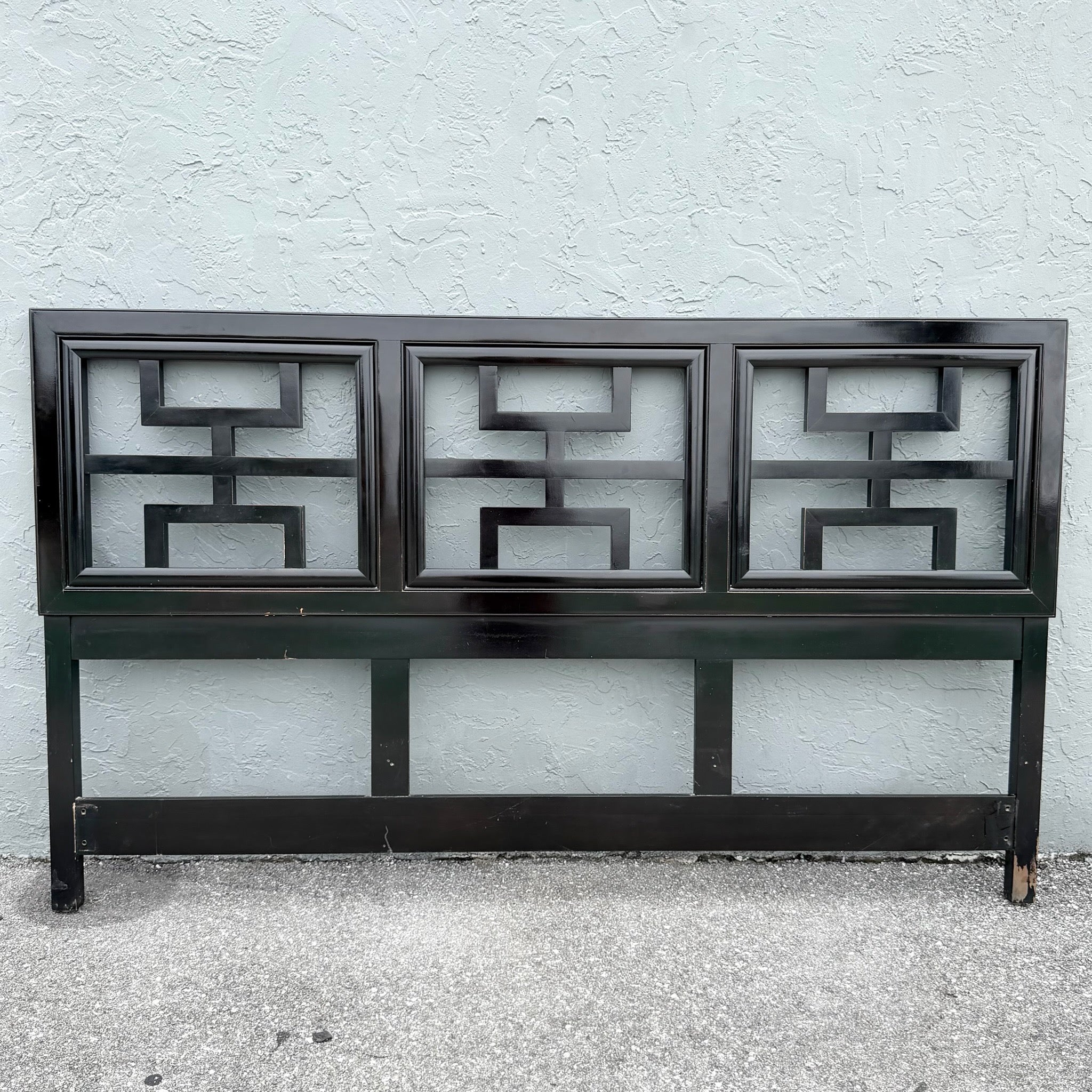 Vintage Chinoiserie Black King Size Headboard by Century Dolphin & Flamingo
