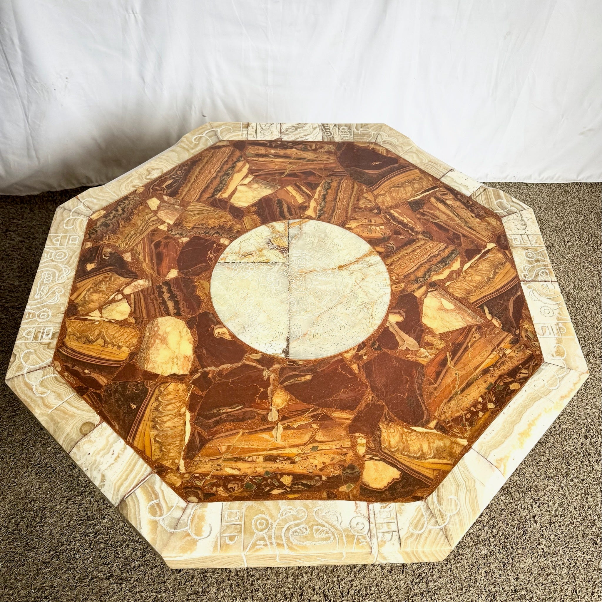 Mexican “Aztec” Hand Carved Green and Brown Onyx Octagonal Coffee Table