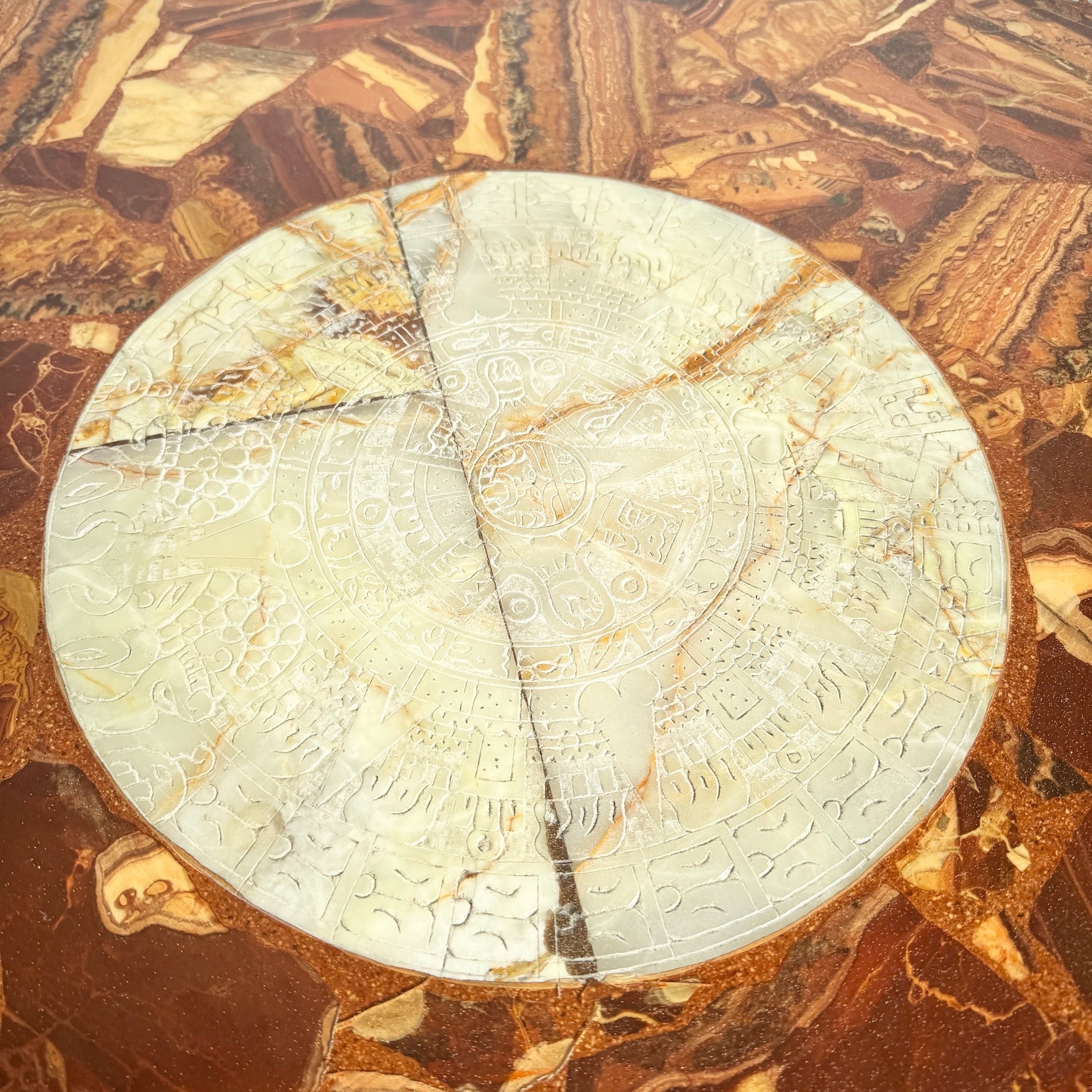 Mexican “Aztec” Hand Carved Green and Brown Onyx Octagonal Coffee Table
