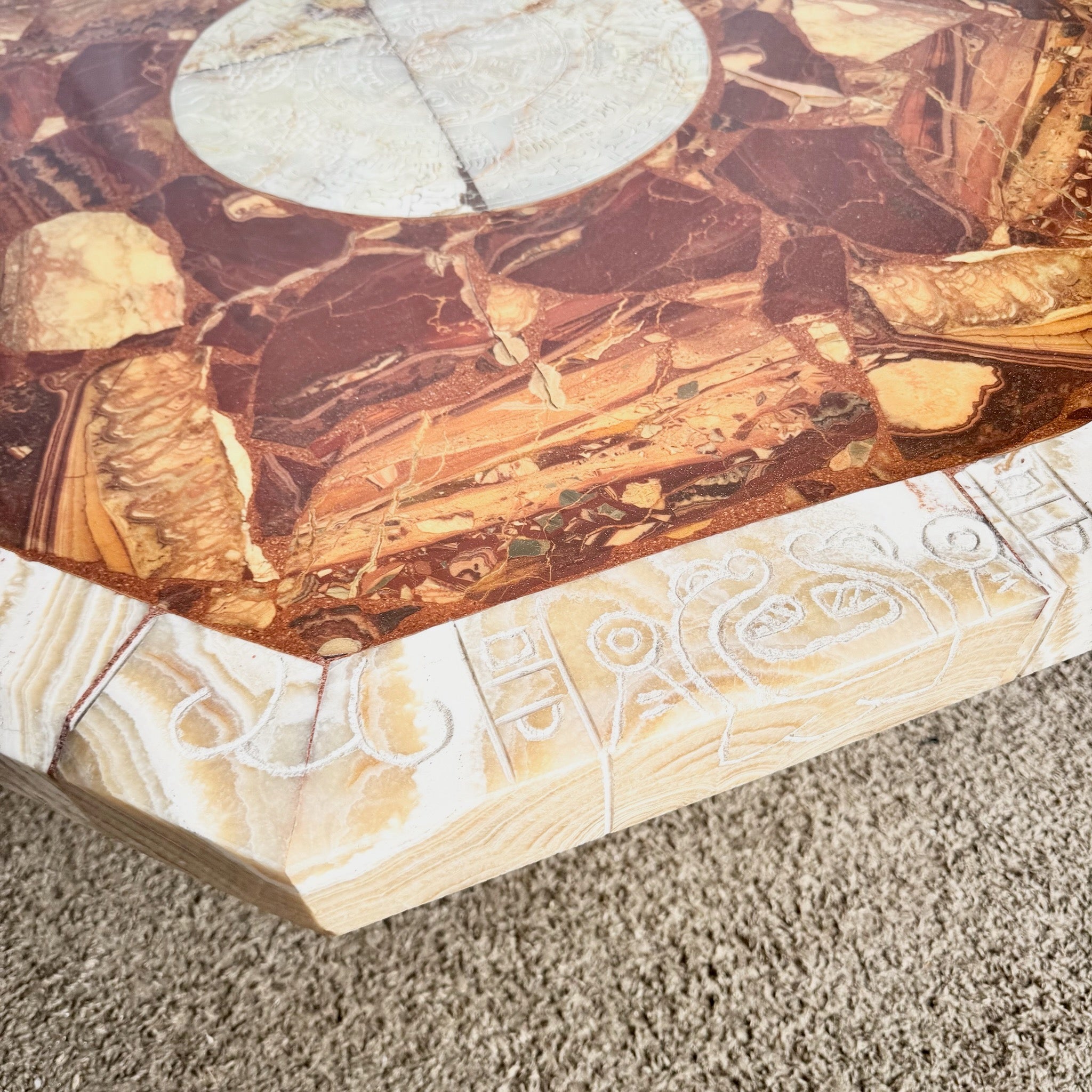 Mexican “Aztec” Hand Carved Green and Brown Onyx Octagonal Coffee Table