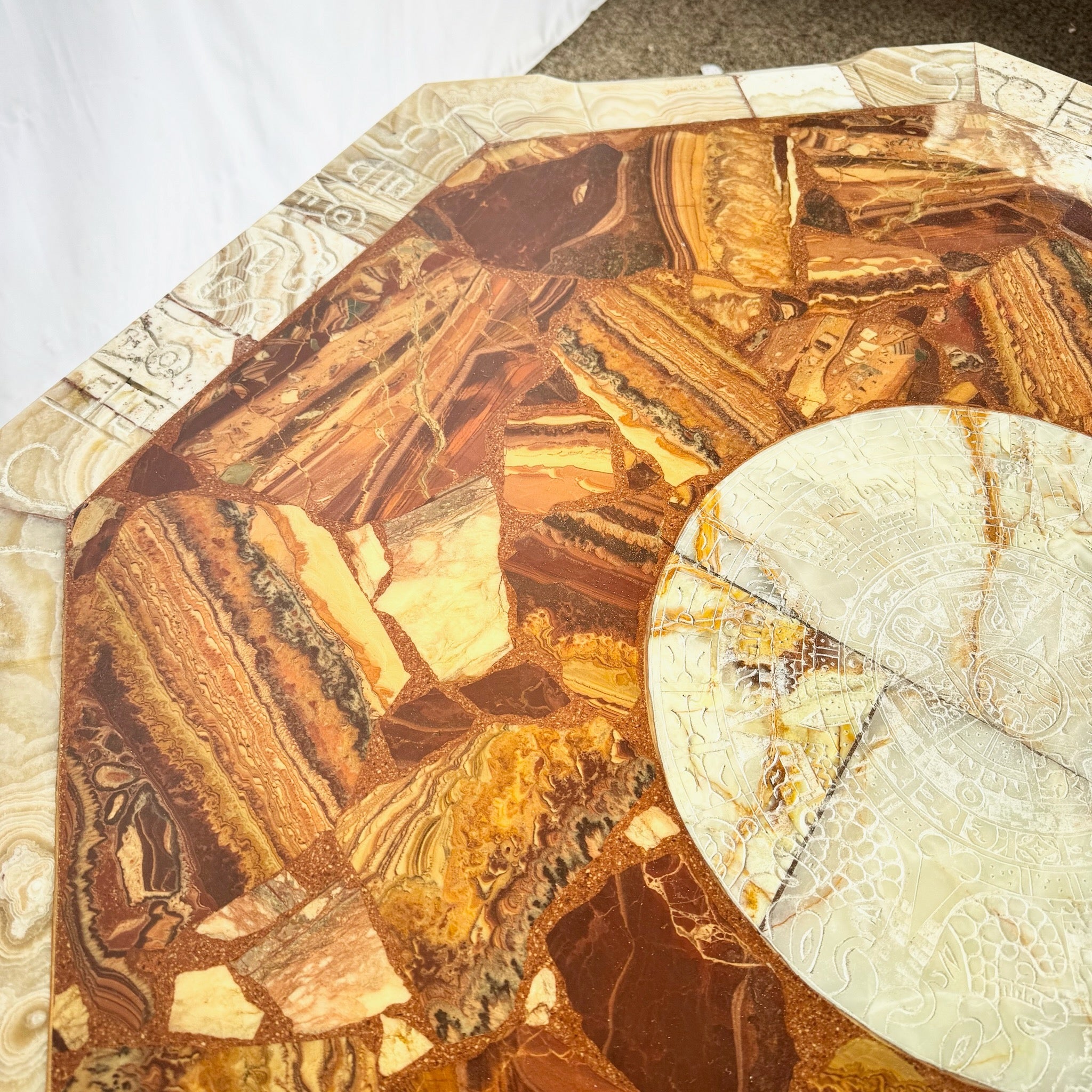 Mexican “Aztec” Hand Carved Green and Brown Onyx Octagonal Coffee Table