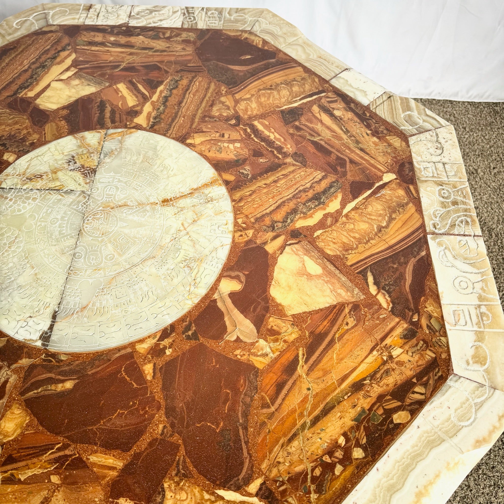 Mexican “Aztec” Hand Carved Green and Brown Onyx Octagonal Coffee Table