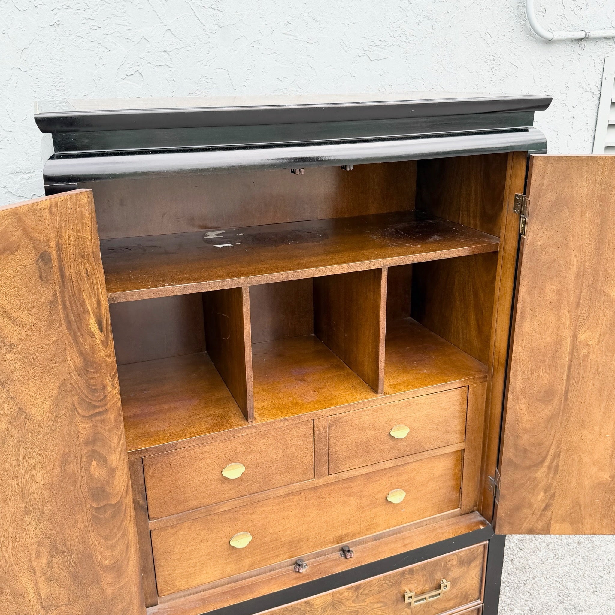 Chinoiserie Burl Wood and Black Armoire by Century Dolphin & Flamingo
