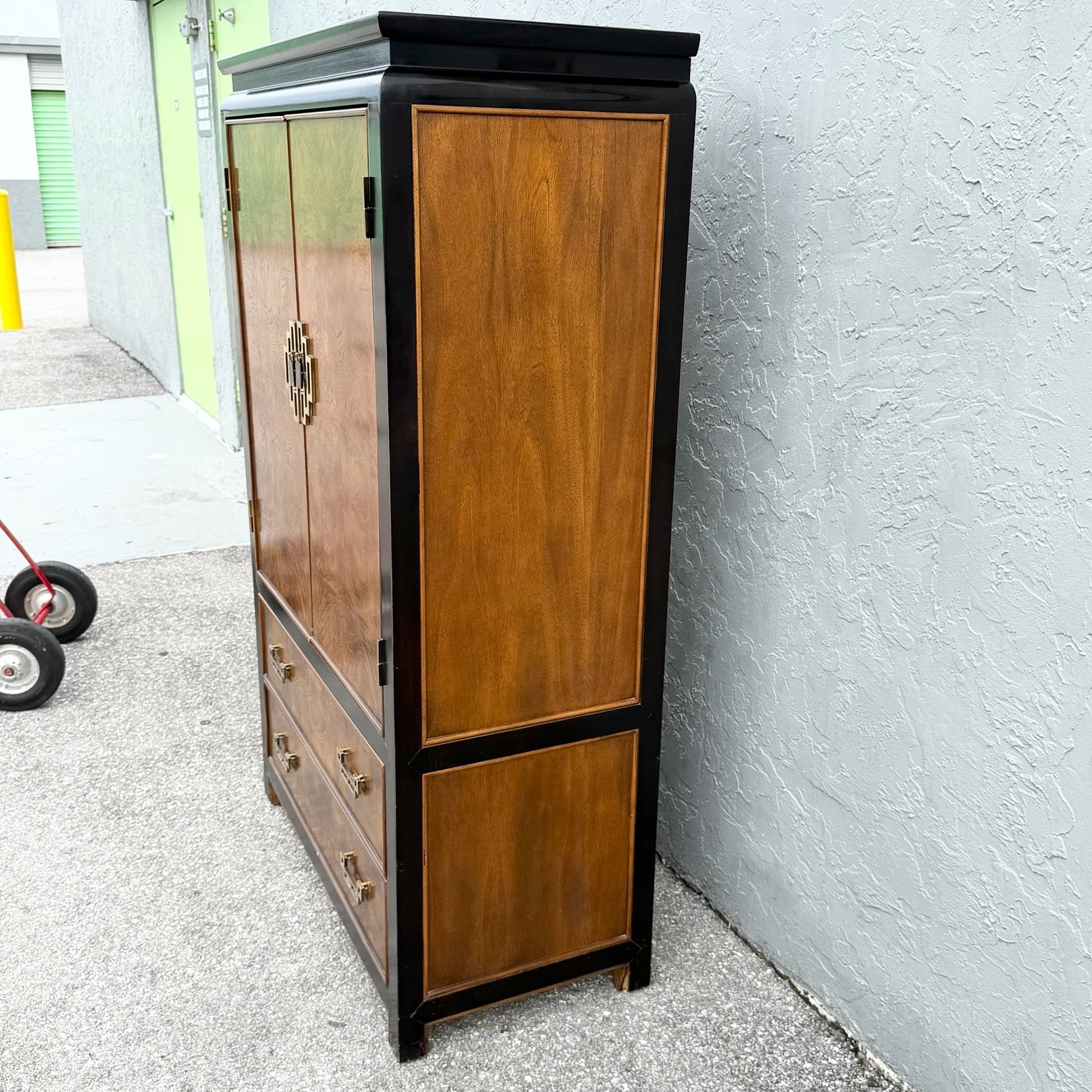 Chinoiserie Burl Wood and Black Armoire by Century Dolphin & Flamingo