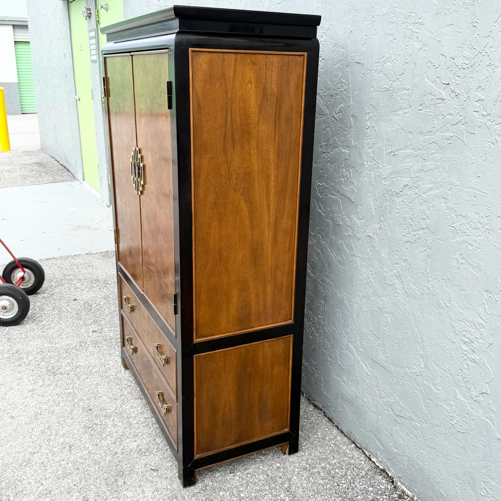 Chinoiserie Burl Wood and Black Armoire by Century Dolphin & Flamingo