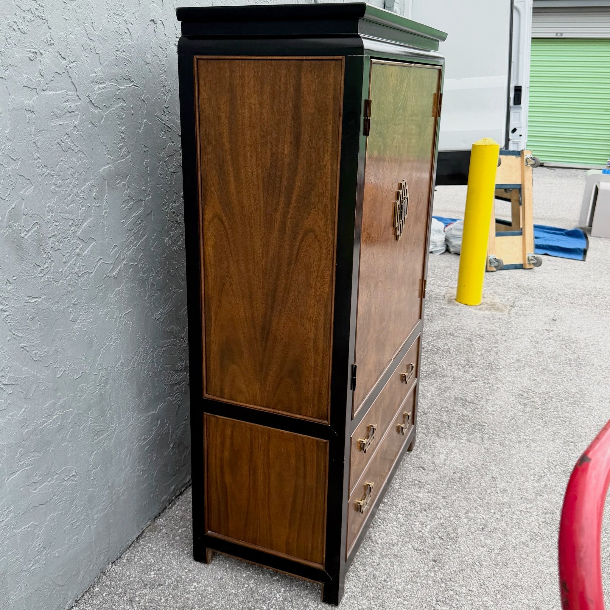 Chinoiserie Burl Wood and Black Armoire by Century Dolphin & Flamingo