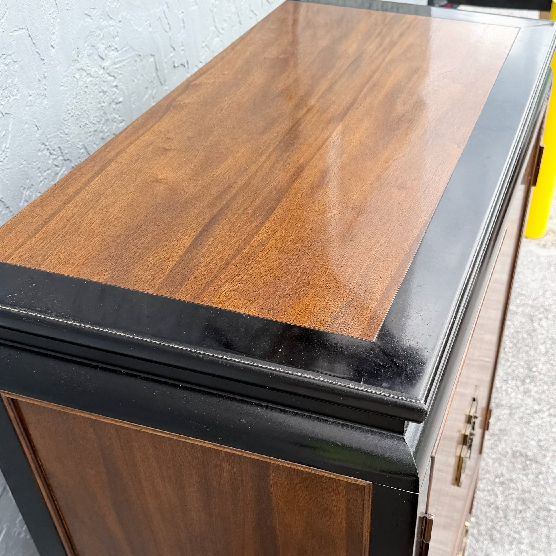 Chinoiserie Burl Wood and Black Armoire by Century Dolphin & Flamingo