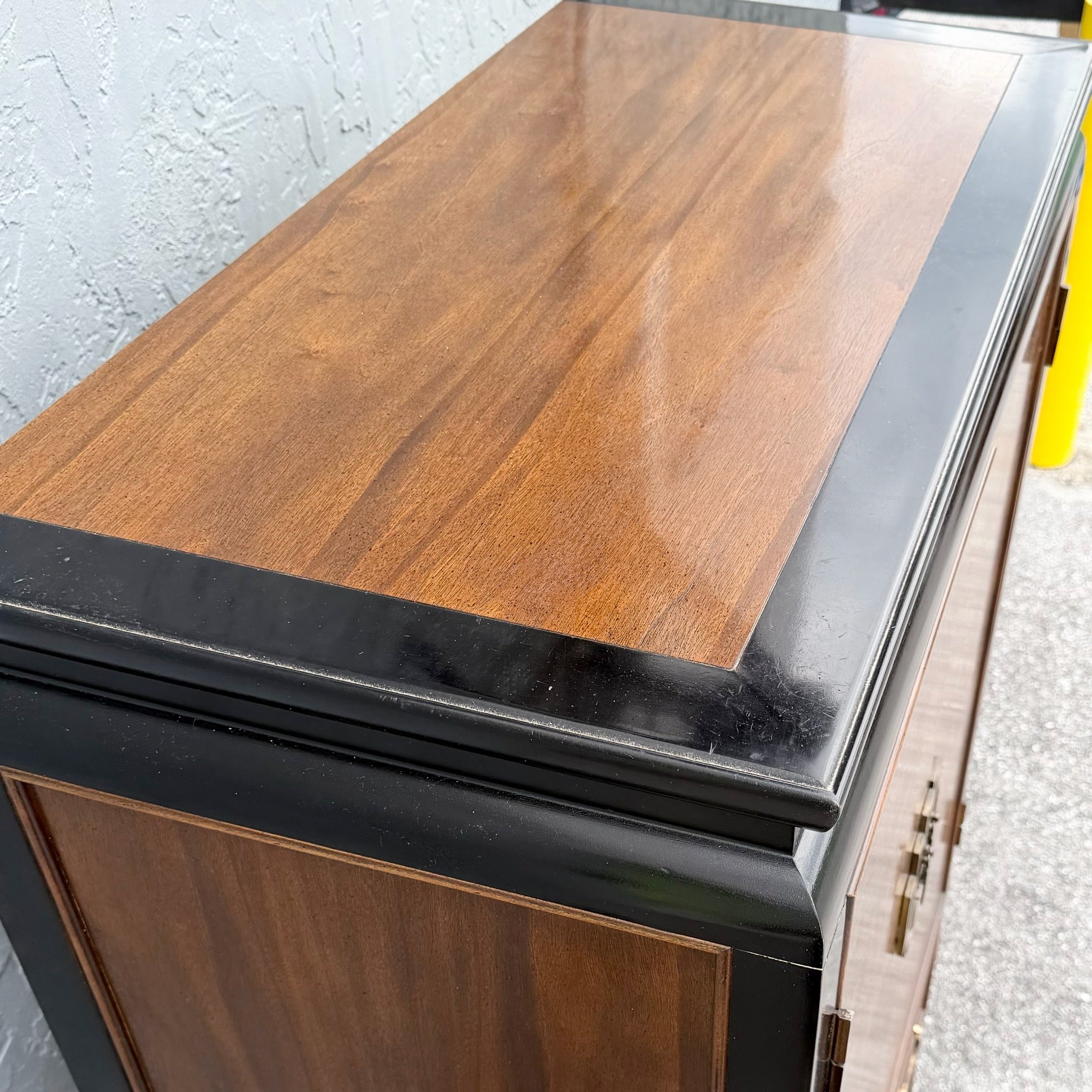 Chinoiserie Burl Wood and Black Armoire by Century Dolphin & Flamingo